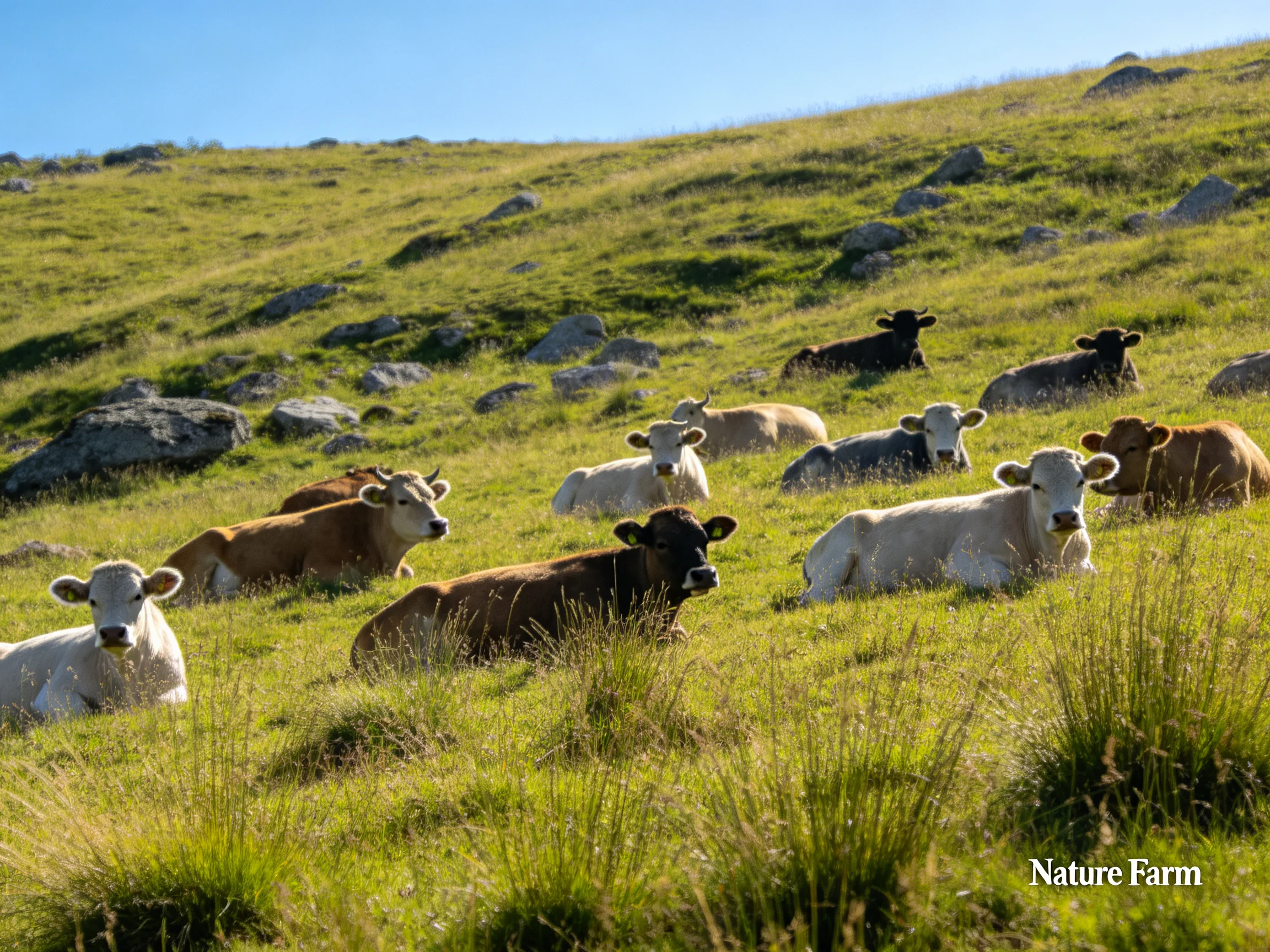 A herd of cows rests on a grassy hill with scattered rocks