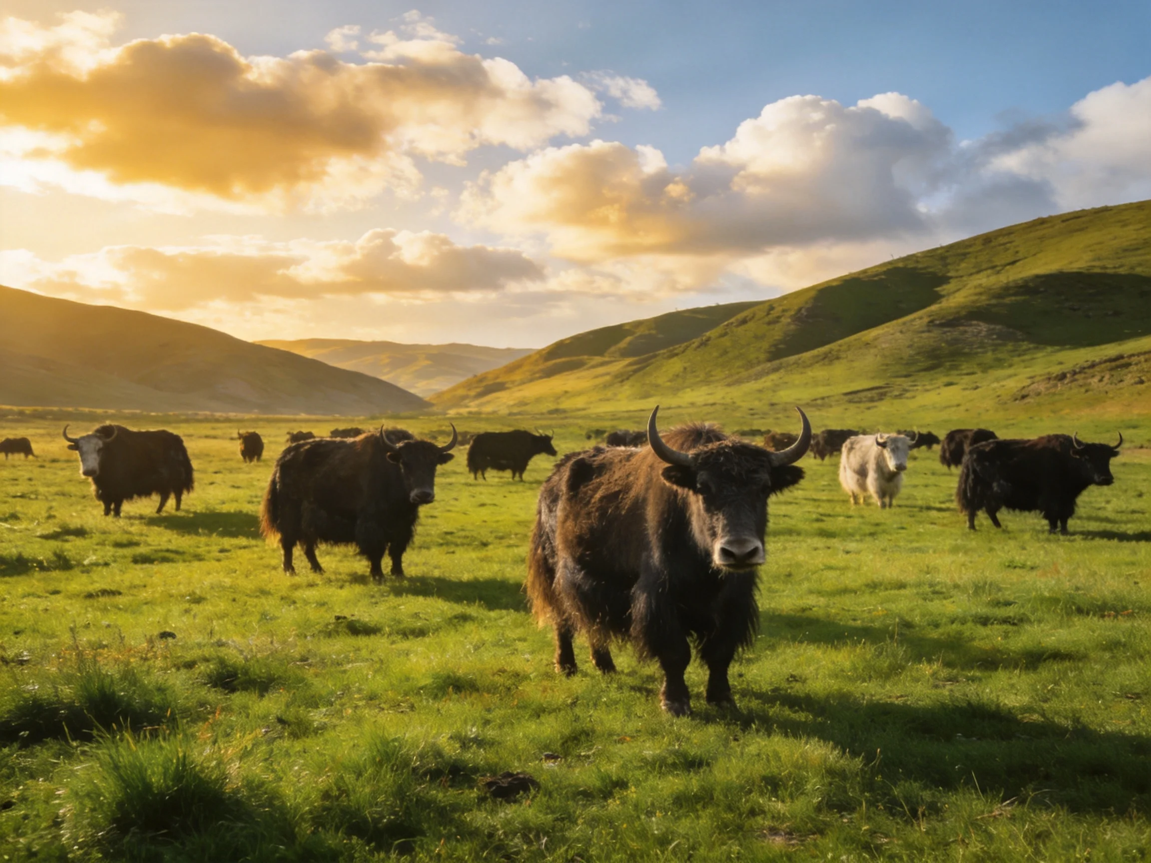 A herd of dark brown yaks grazes in a lush green valley under golden sunlight
