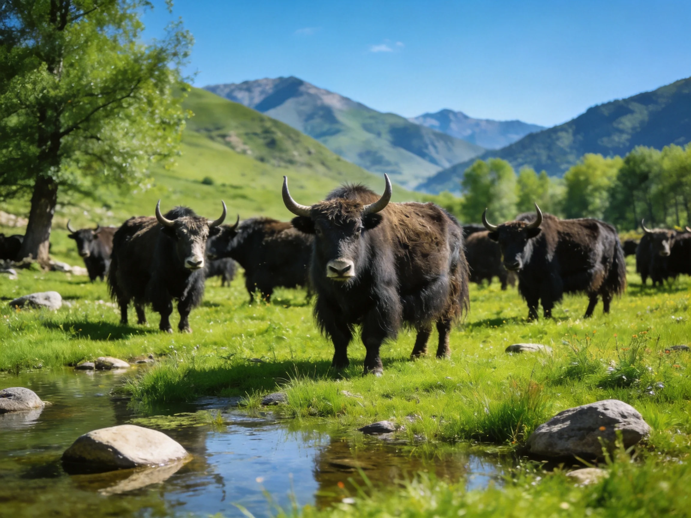 A herd of dark brown yaks in a lush green mountain meadow
