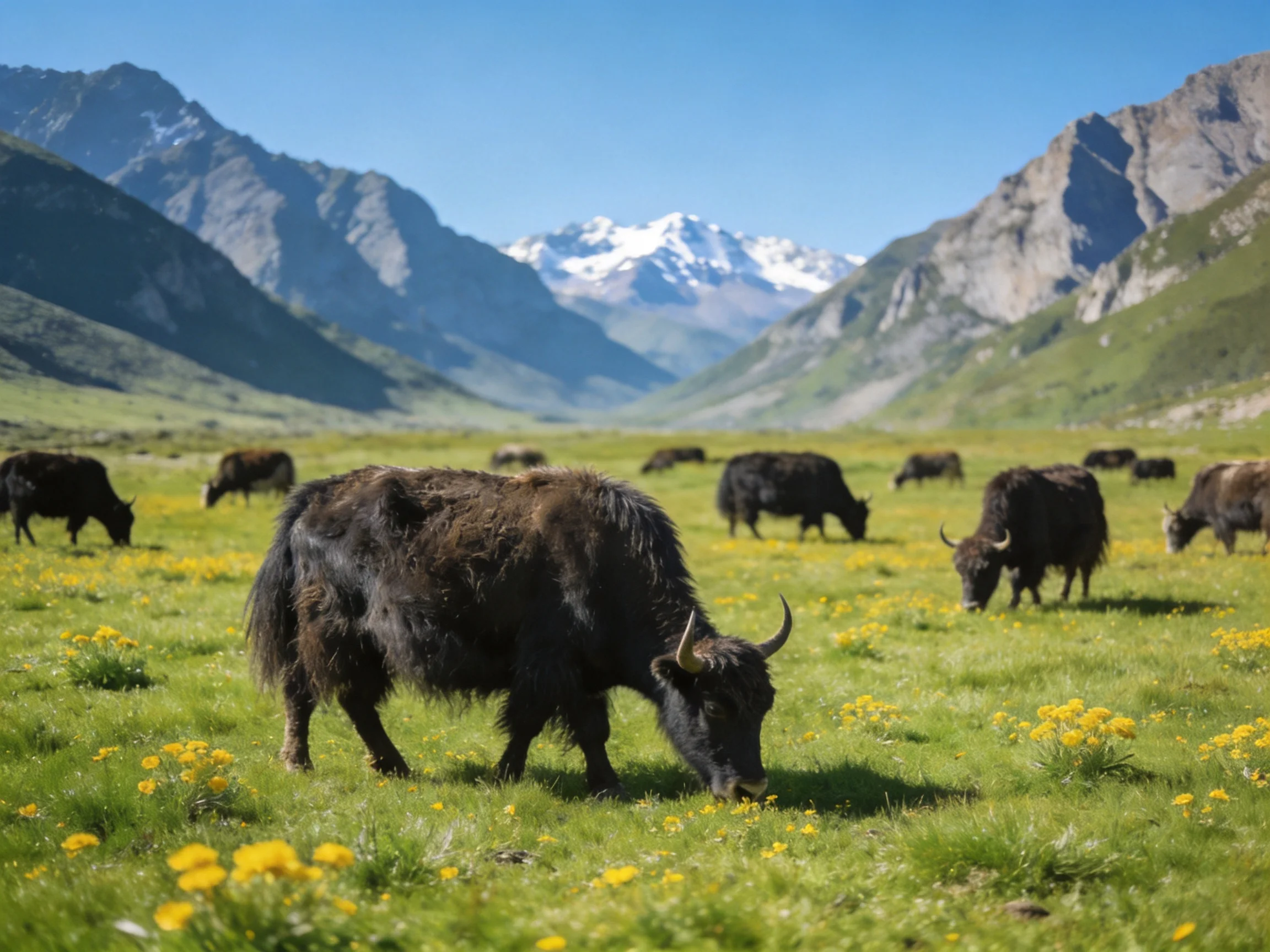 A herd of dark-coated yaks graze in a flower-filled mountain meadow