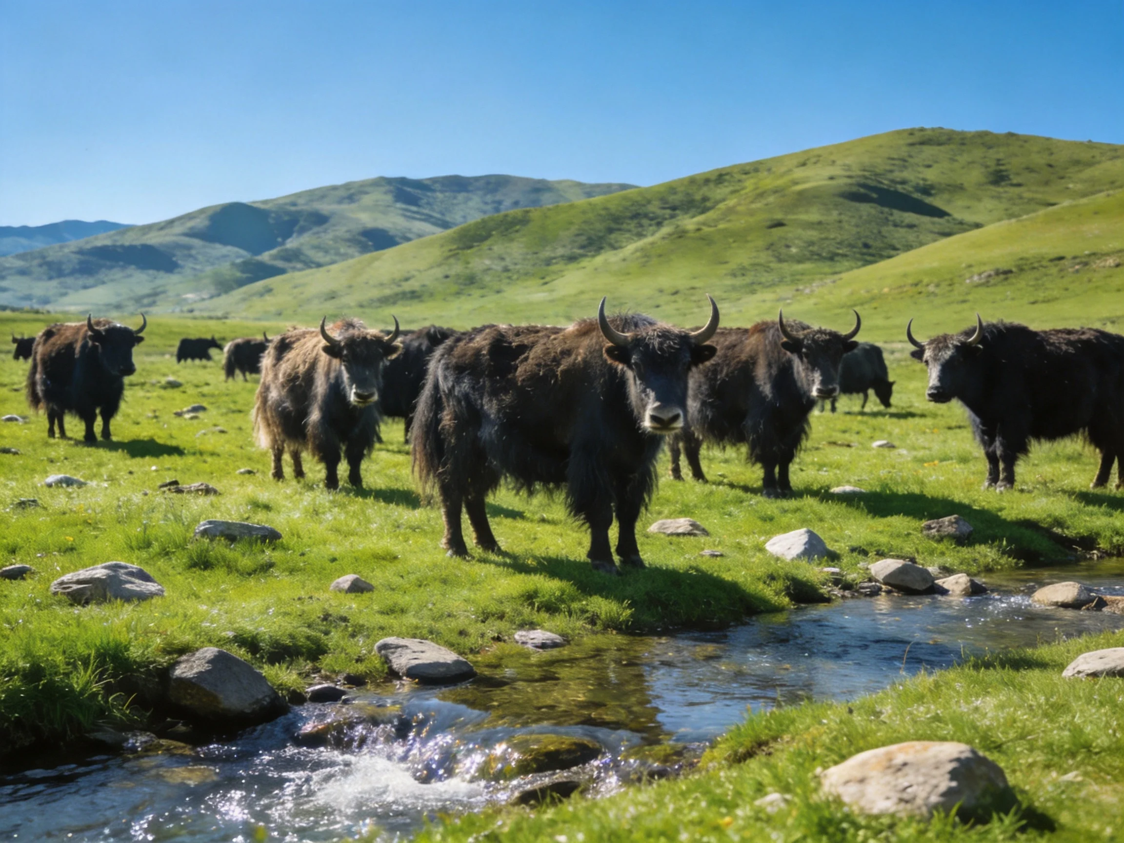 A herd of dark-furred yaks near a rocky mountain stream