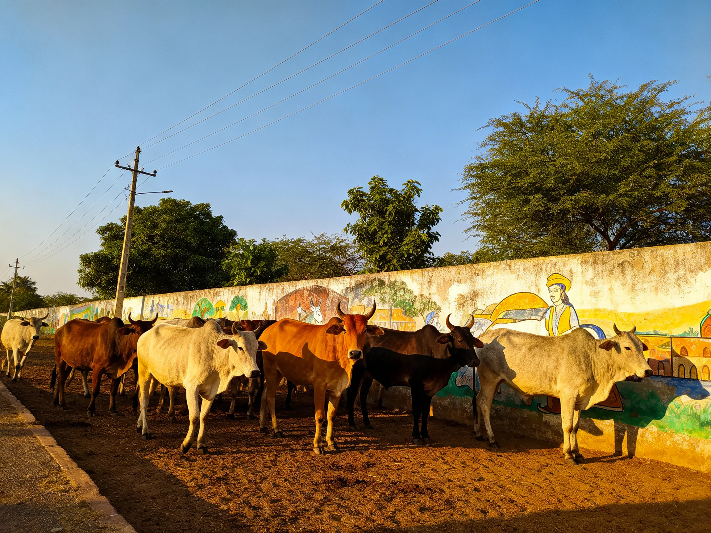 A herd of diverse-colored cattle by a mural-covered wall under sunny skies