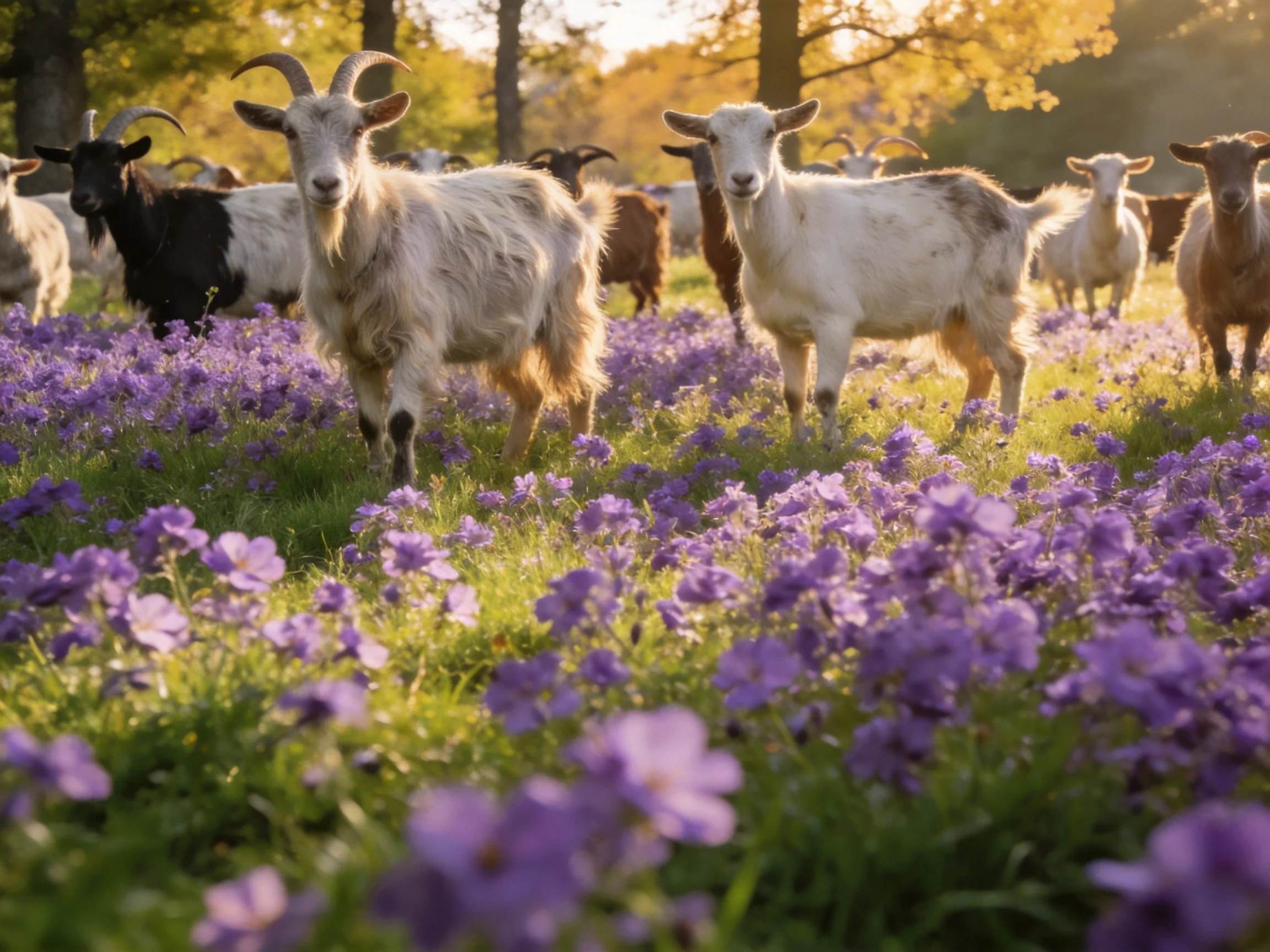 A herd of goats in a field of vibrant purple flowers