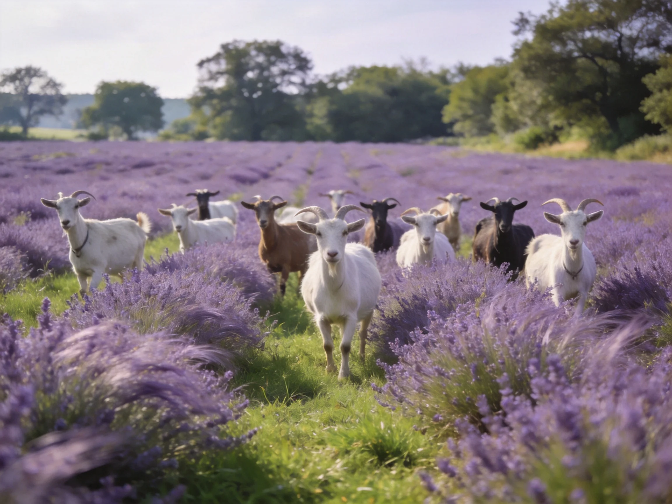 A herd of goats in a vibrant purple lavender field