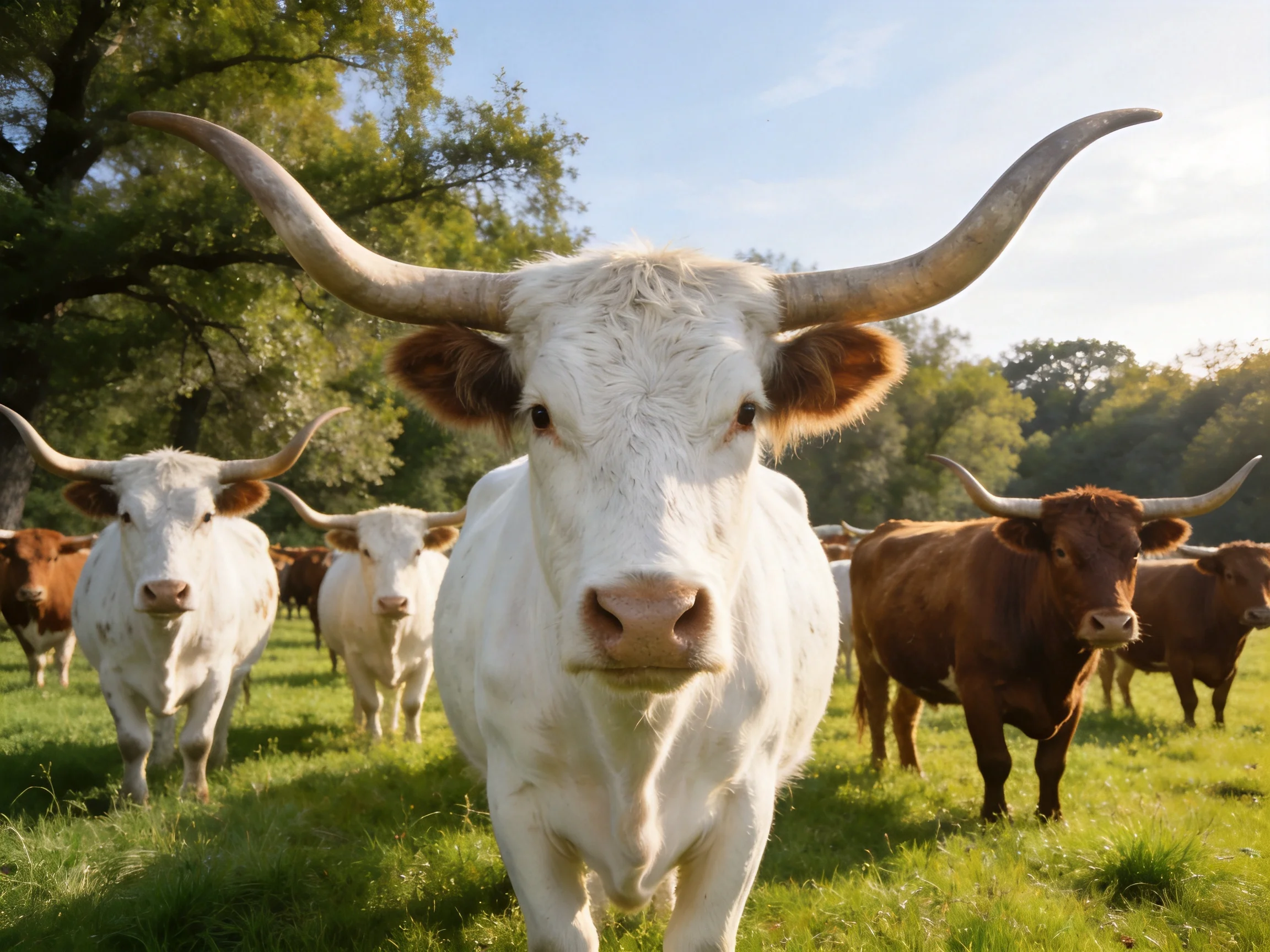 A herd of horned cattle in a sunlit green pasture