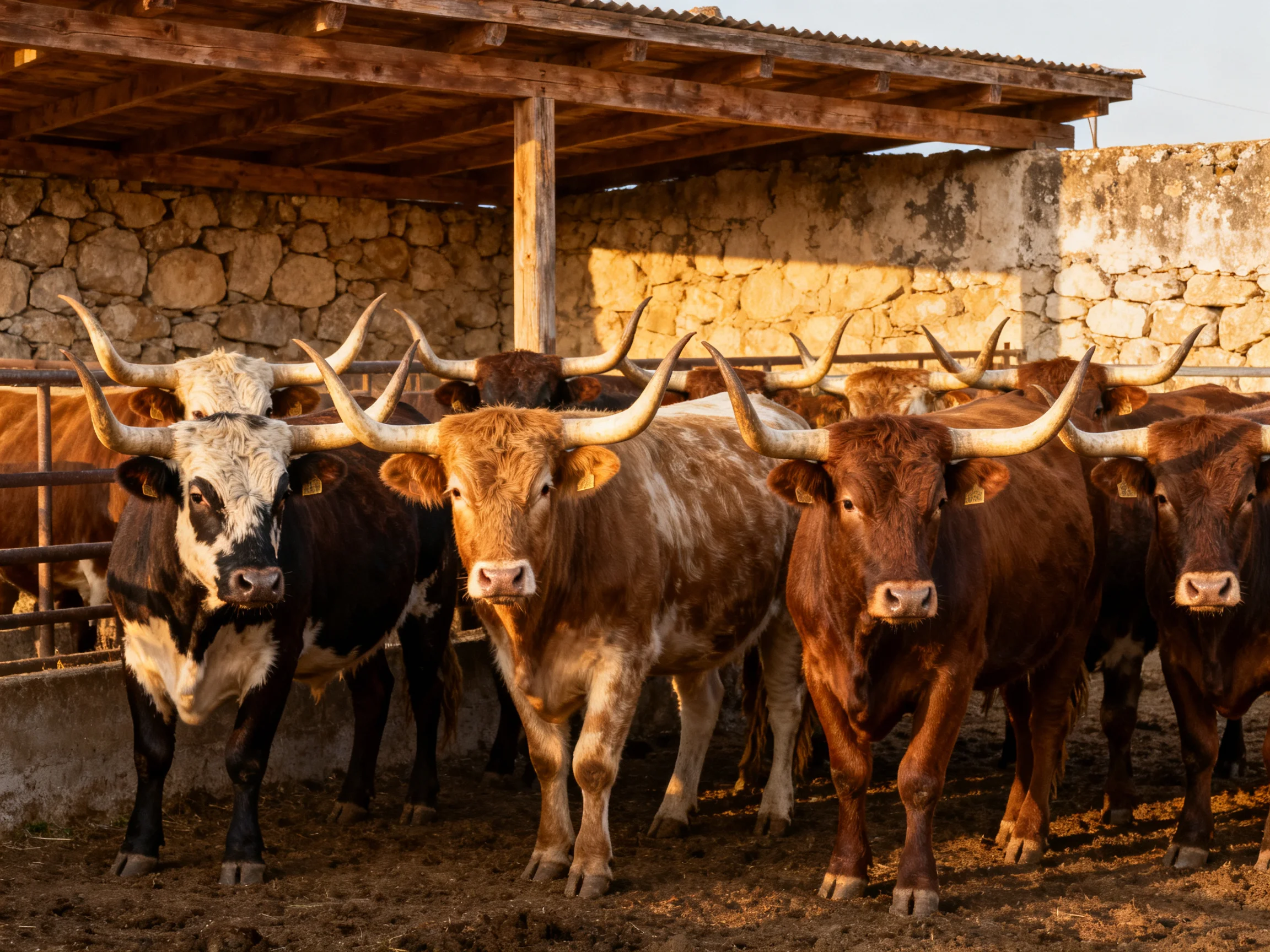 A herd of horned cattle with varied coats near a stone shelter