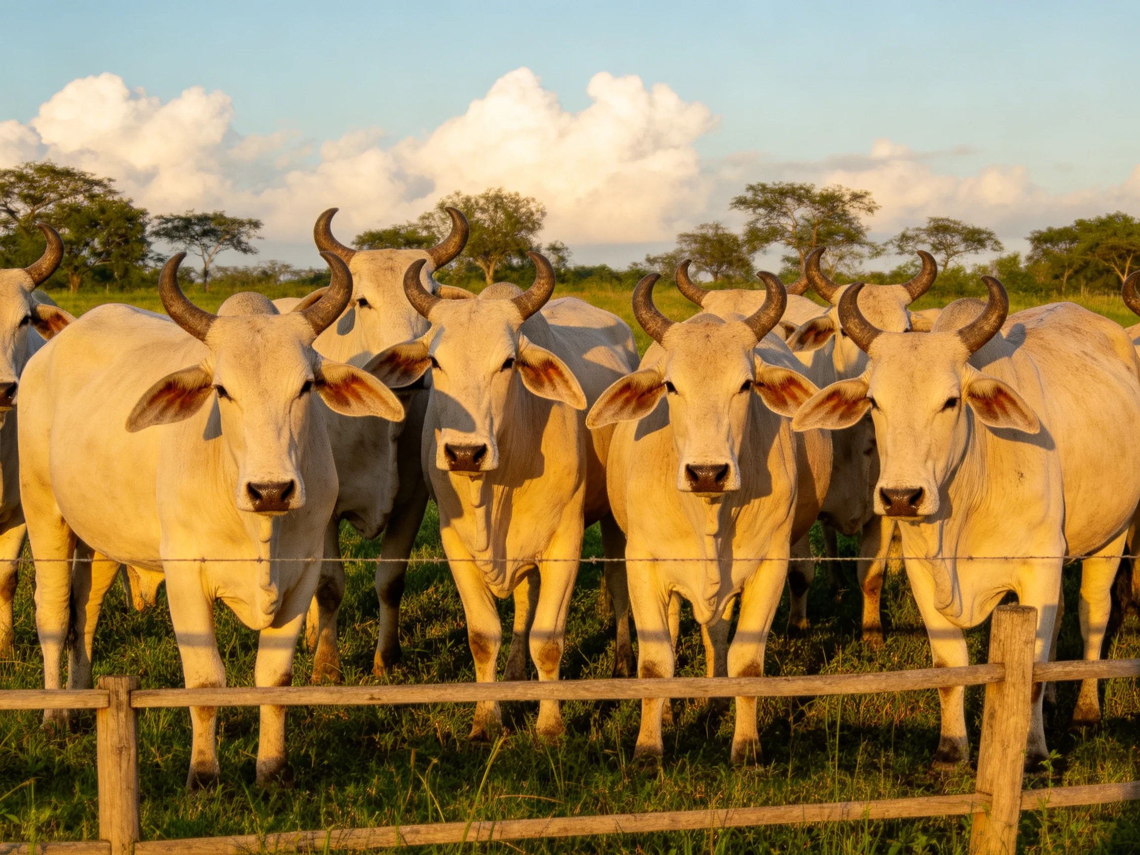 A herd of horned white cattle near a wooden fence