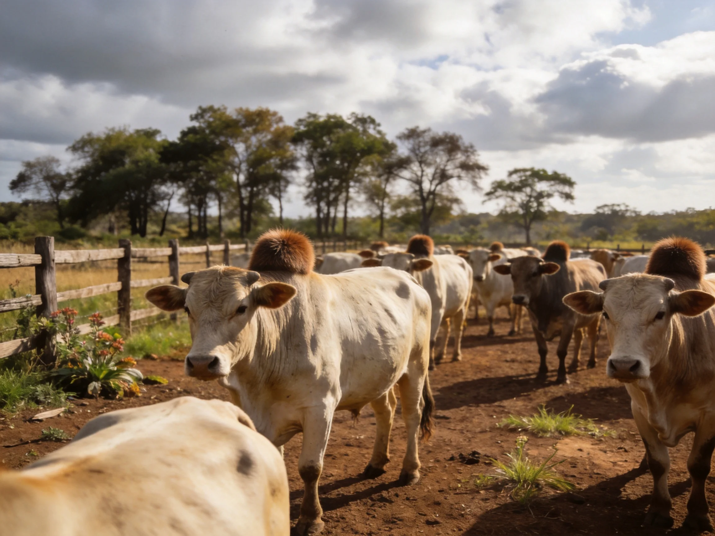 A herd of light-brown cattle near wooden fences and trees