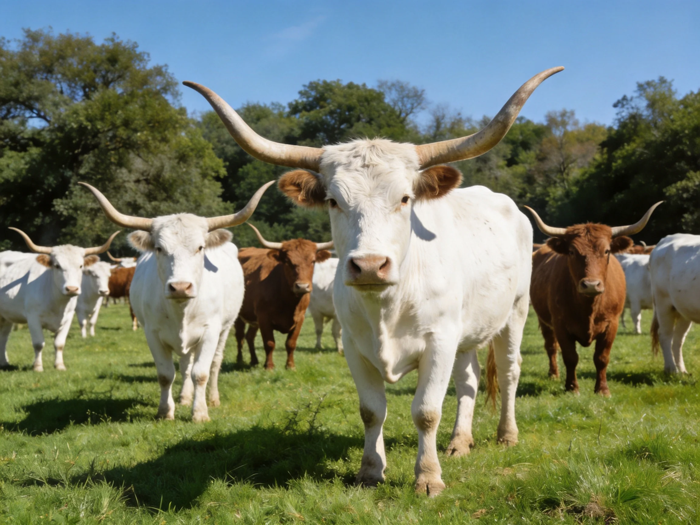 A herd of long-horned cattle, white and brown, in a green meadow