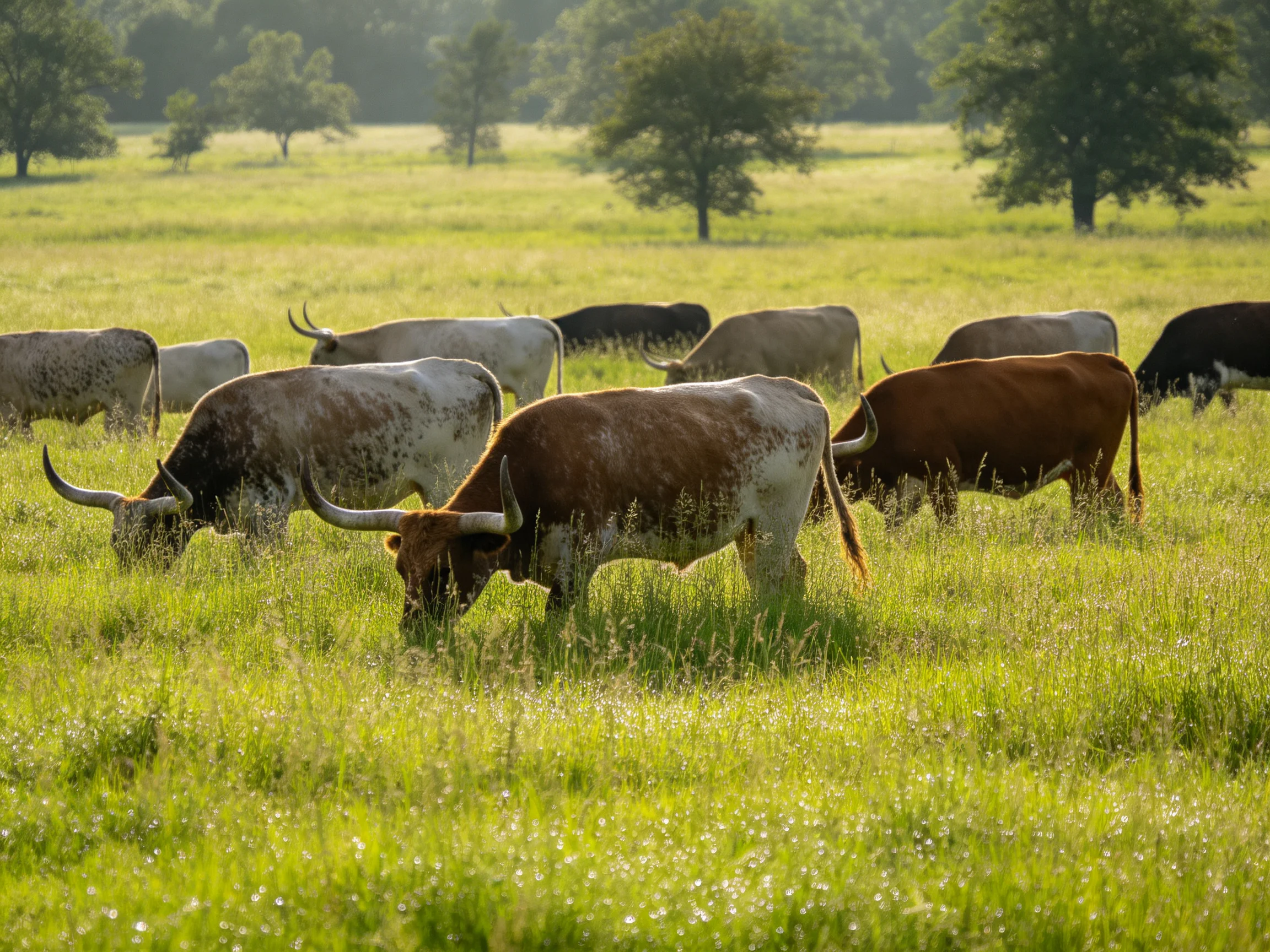 A herd of longhorn cattle grazes in a sun-drenched green pasture