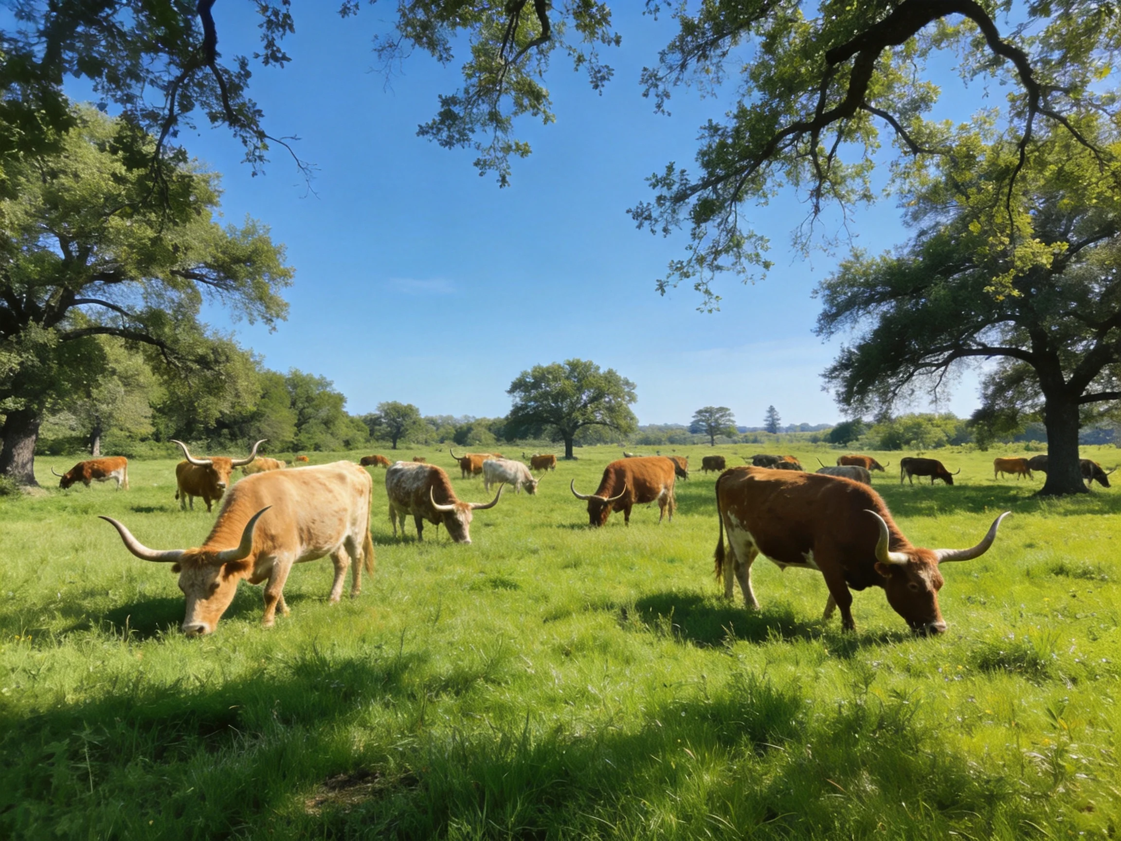 A herd of longhorn cattle grazing in a sunlit green meadow