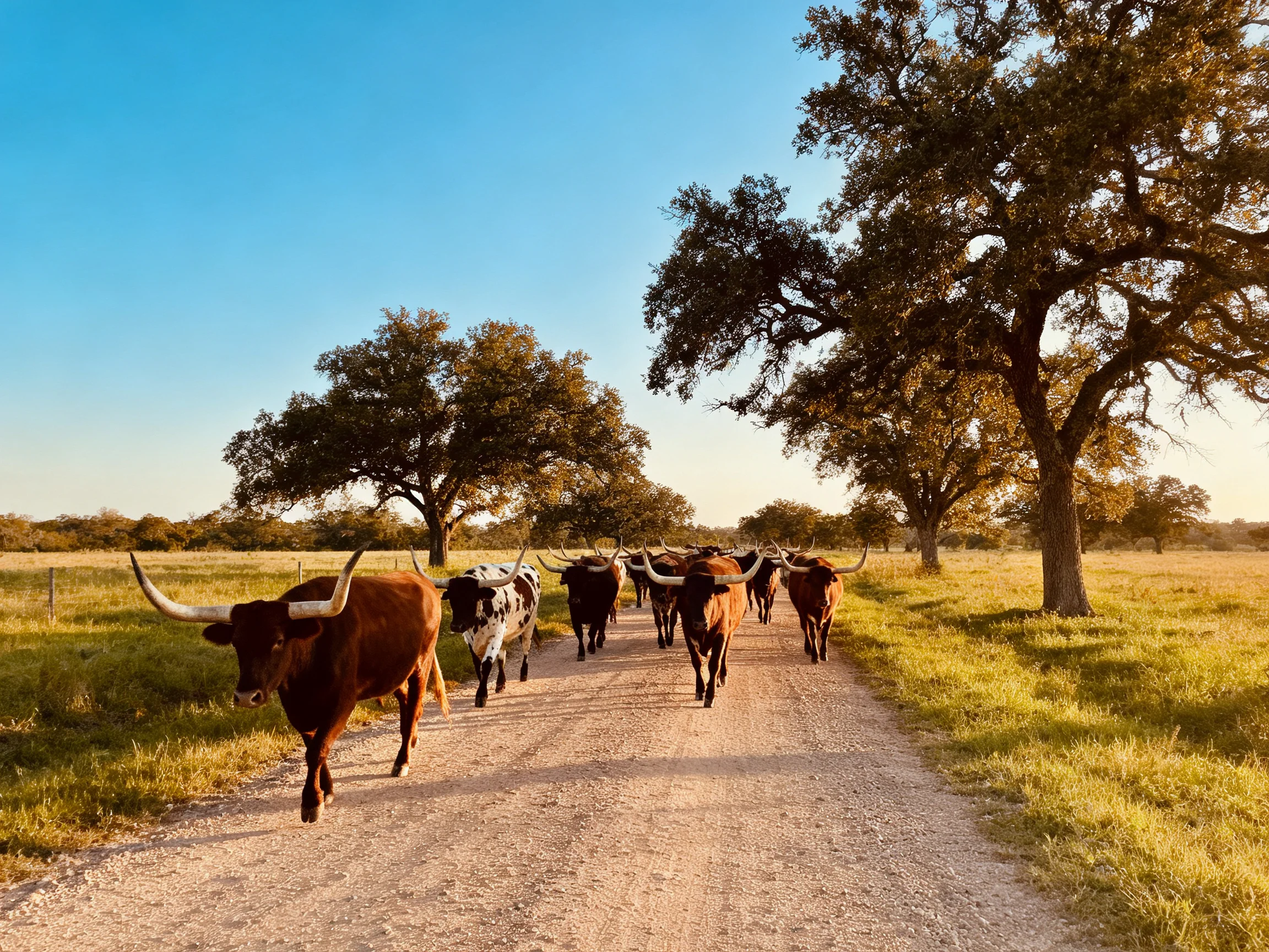 A herd of longhorn cattle marches along a sun-drenched dirt road