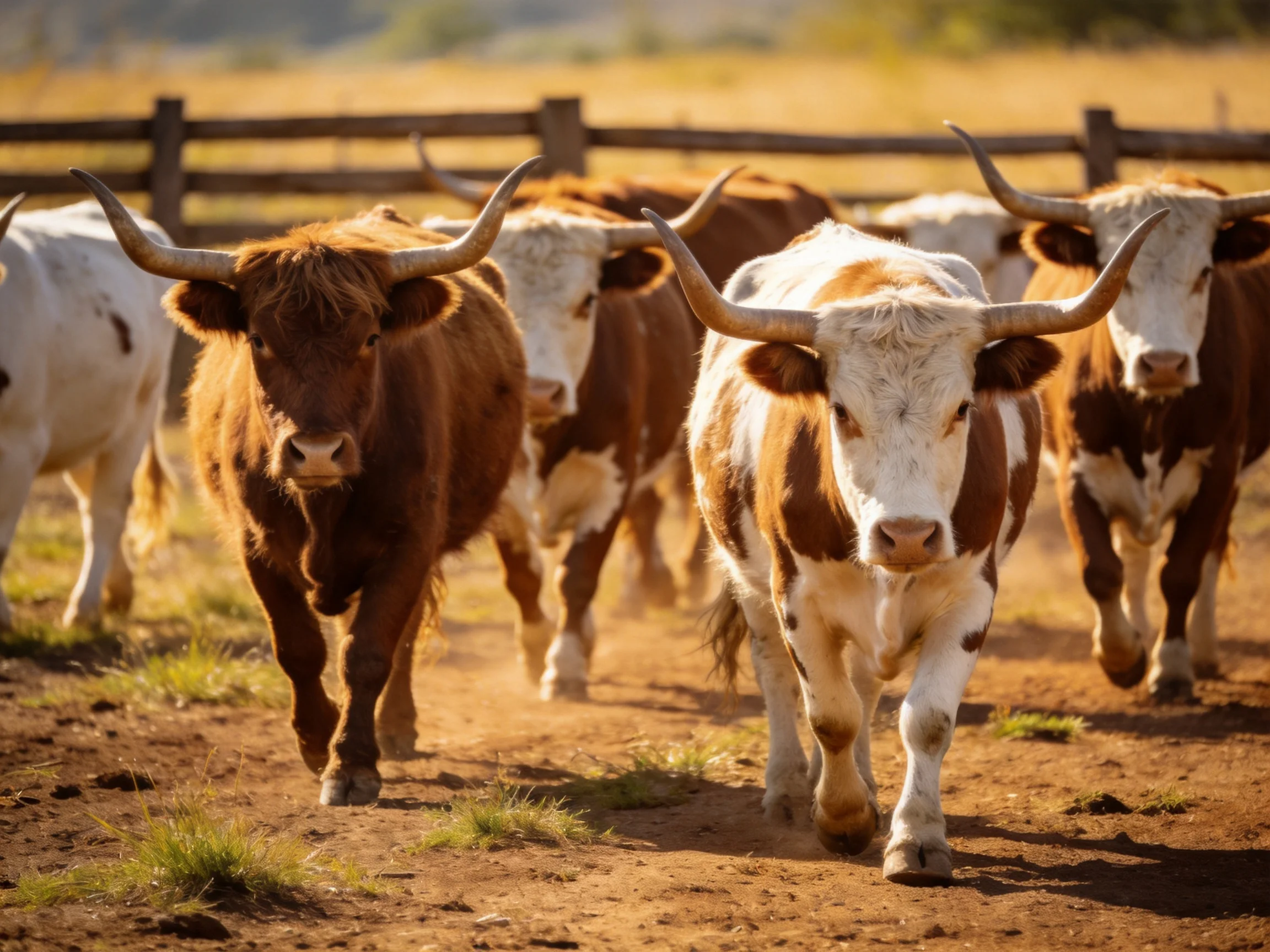 A herd of longhorn cattle with brown, white, and tan coats near a wooden fence
