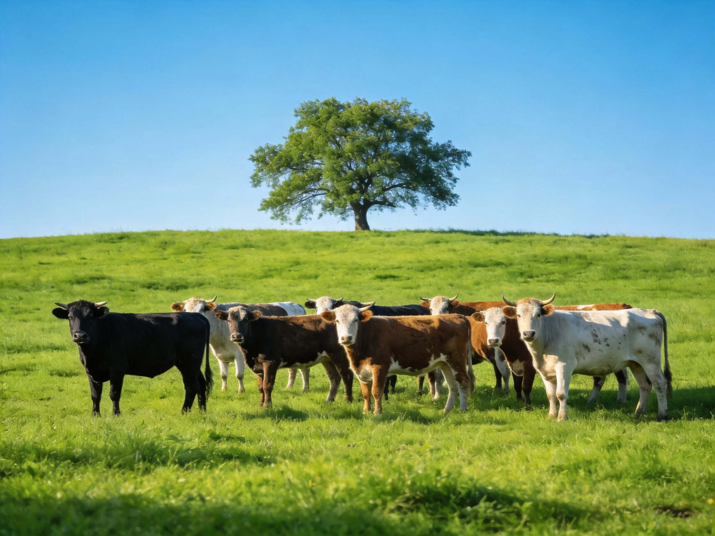 A herd of multicolored cattle gathers in a sunlit green pasture with a lone tree