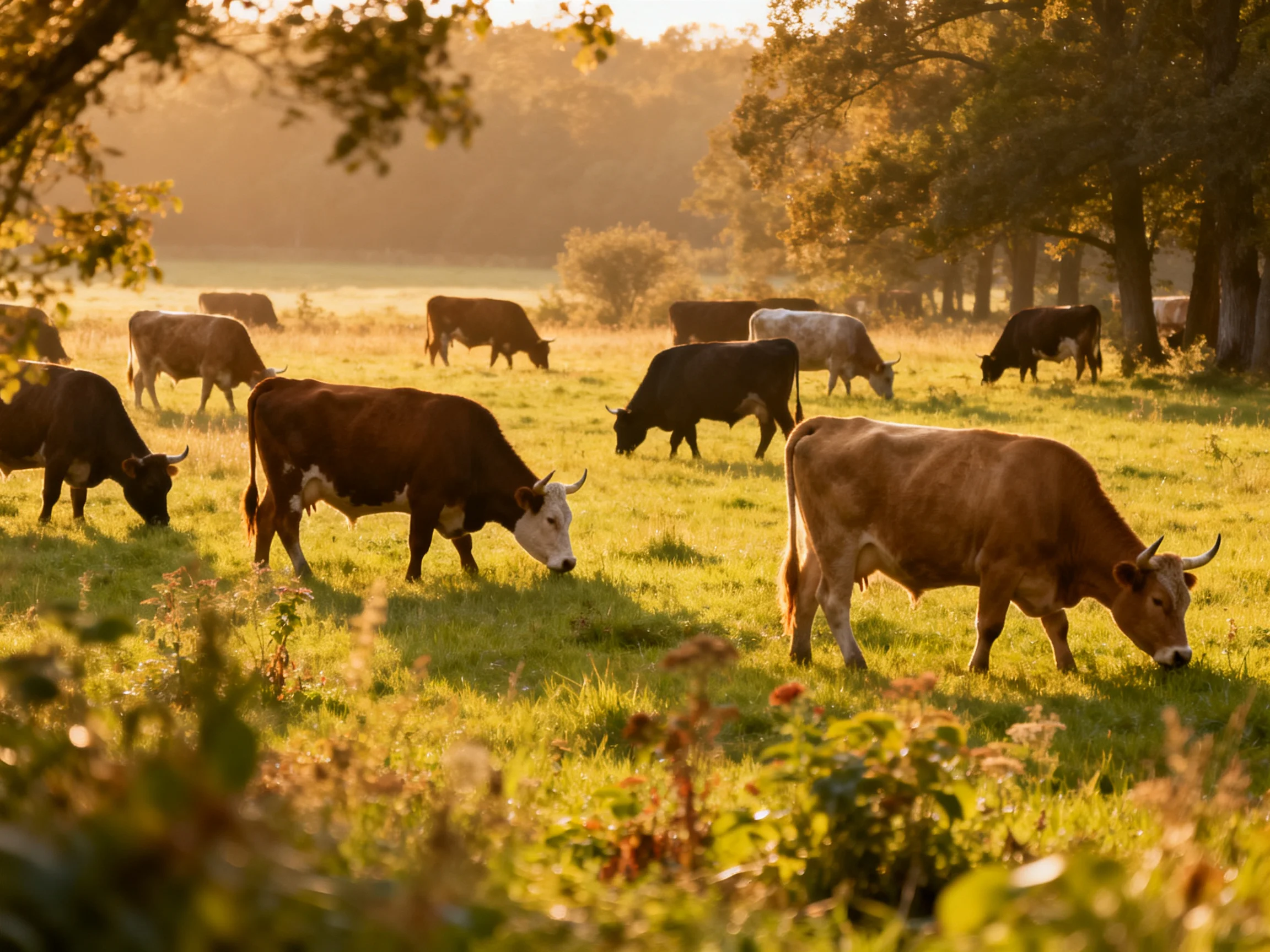 A herd of multicolored cattle grazing in a sun-drenched green pasture