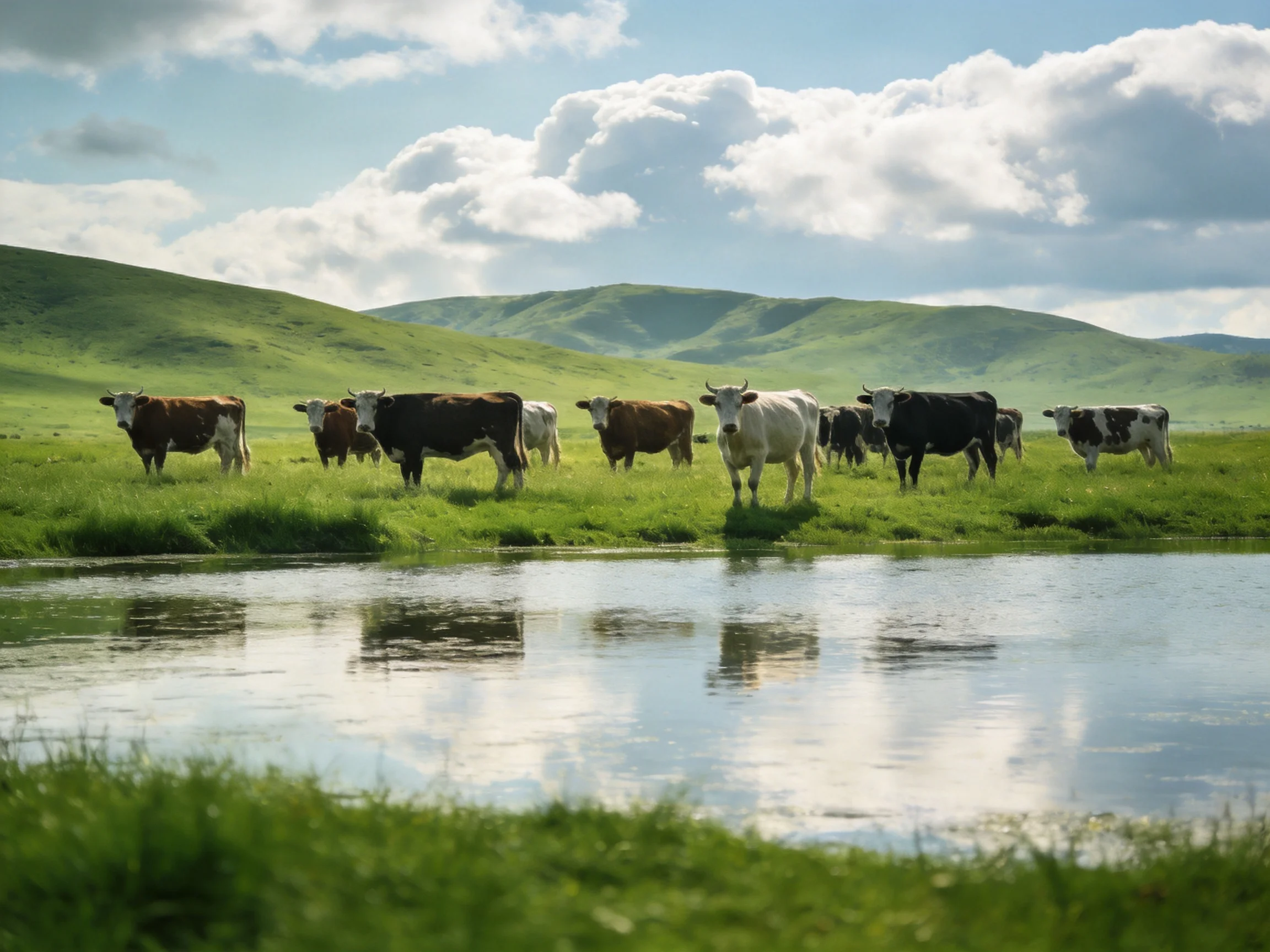 A herd of multicolored cattle near a calm stream with rolling green hills