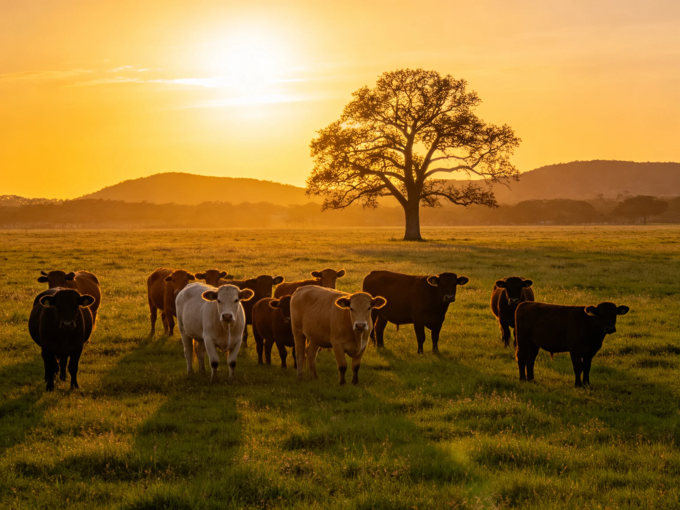 A herd of multicolored cattle near a lone tree at sunset