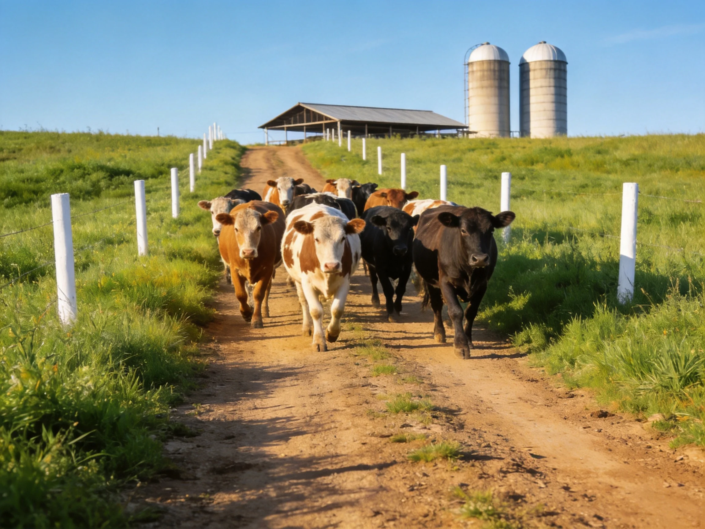 A herd of multicolored cattle on a dusty farm path
