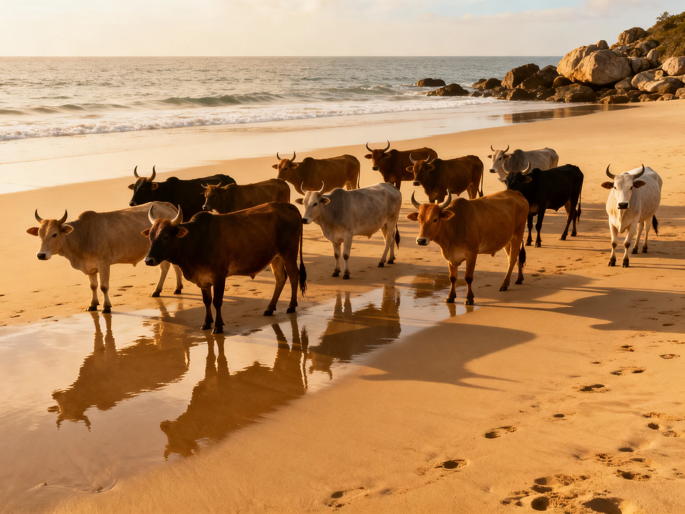 A herd of multicolored cattle on a sandy beach by the sea