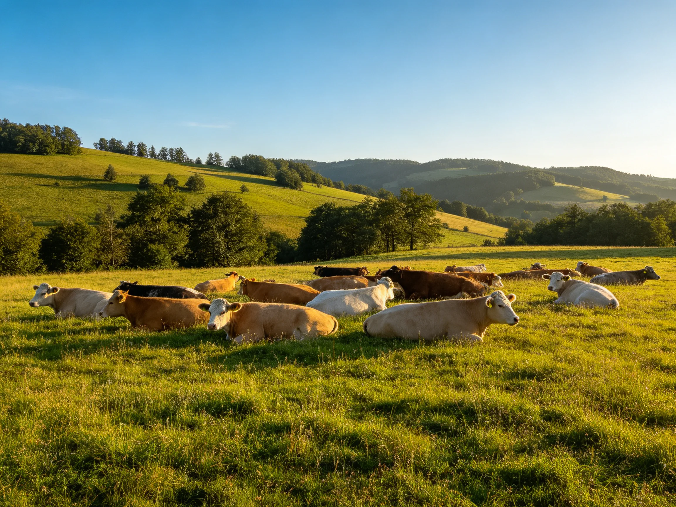 A herd of multicolored cattle resting in a sunlit pasture with rolling hills