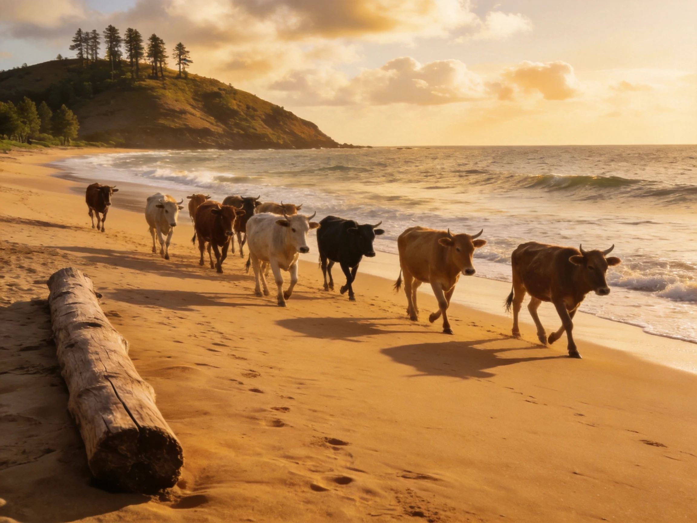 A herd of multicolored cattle runs down a sandy beach at sunset