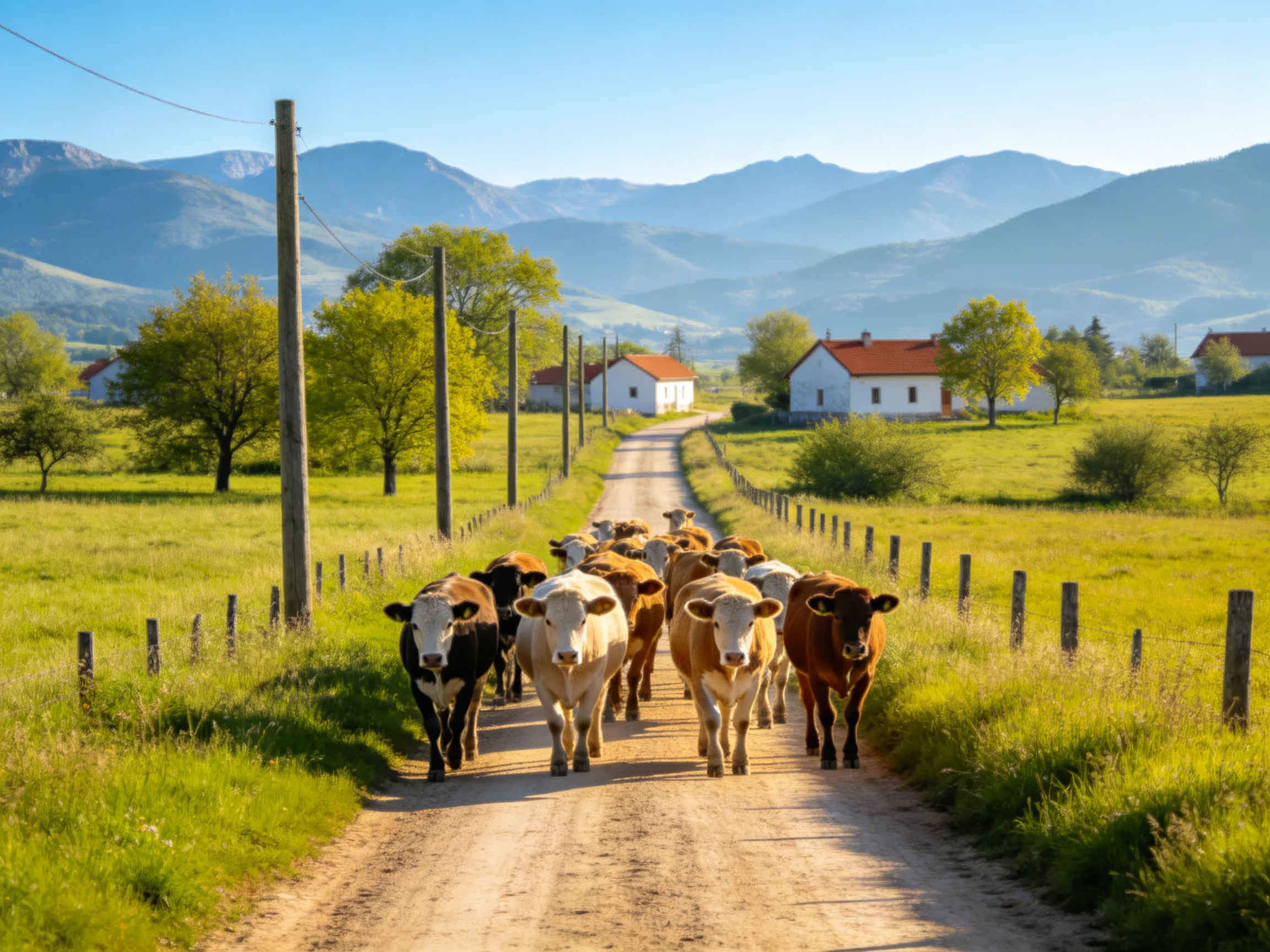A herd of multicolored cattle walks down a sunlit dirt road near white farmhouses
