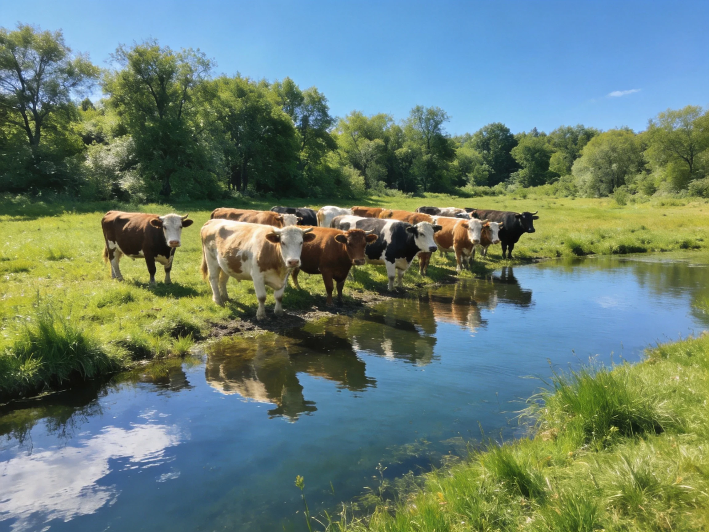 A herd of multicolored cows gathered by a calm stream in a lush meadow