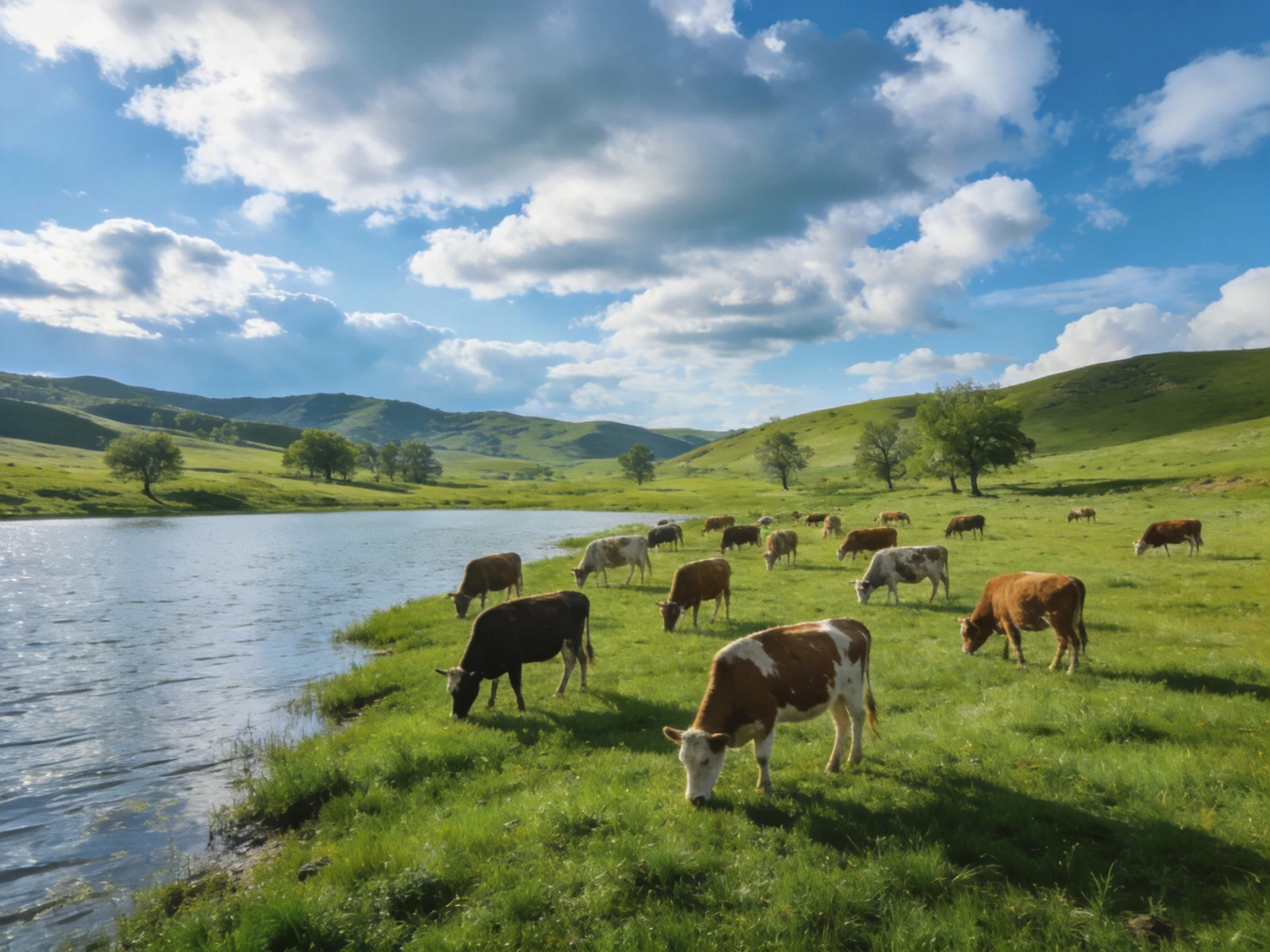 A herd of multicolored cows grazes by a calm river amid rolling green hills