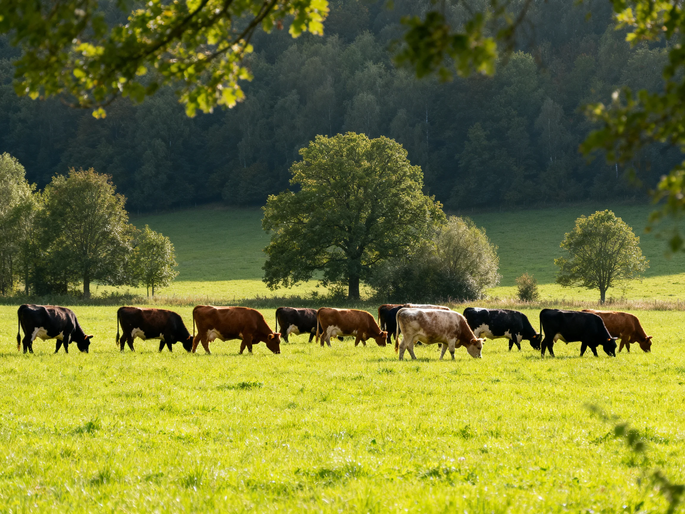 A herd of multicolored cows grazes in a sunlit green pasture with trees