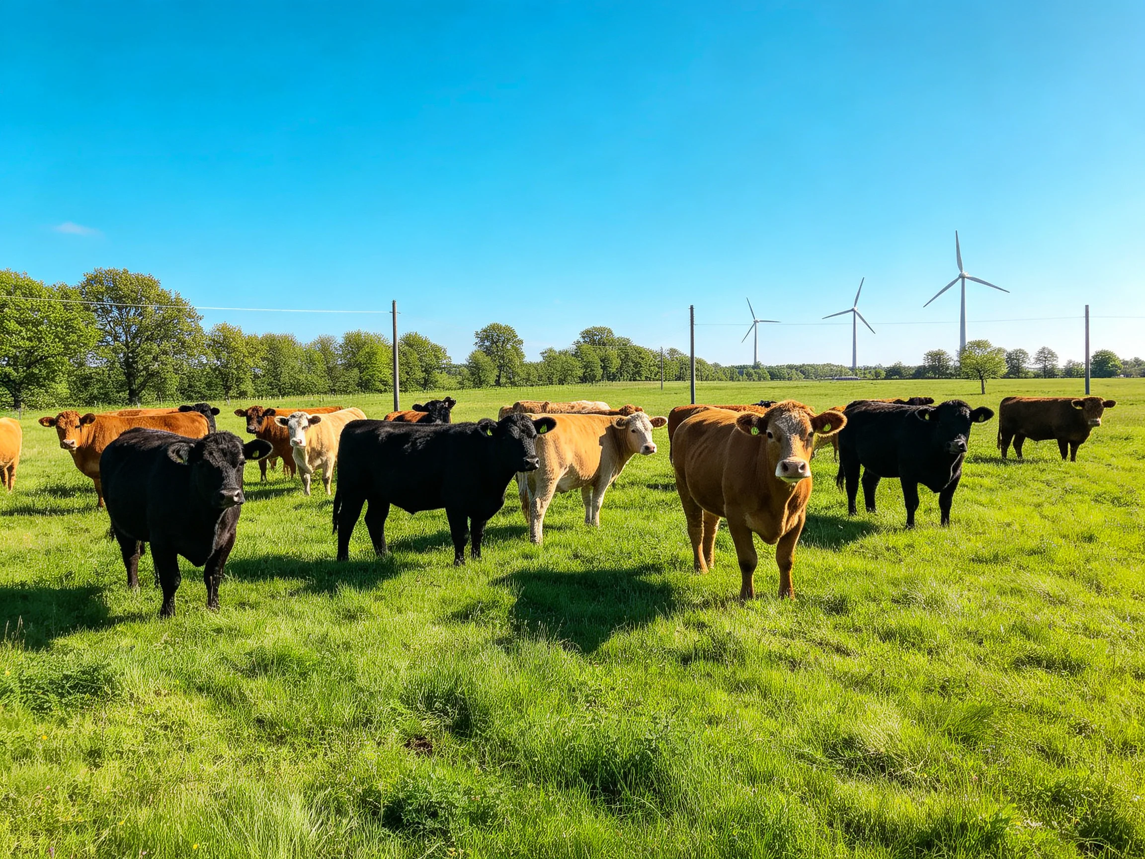 A herd of multicolored cows grazes in a verdant pasture near wind turbines