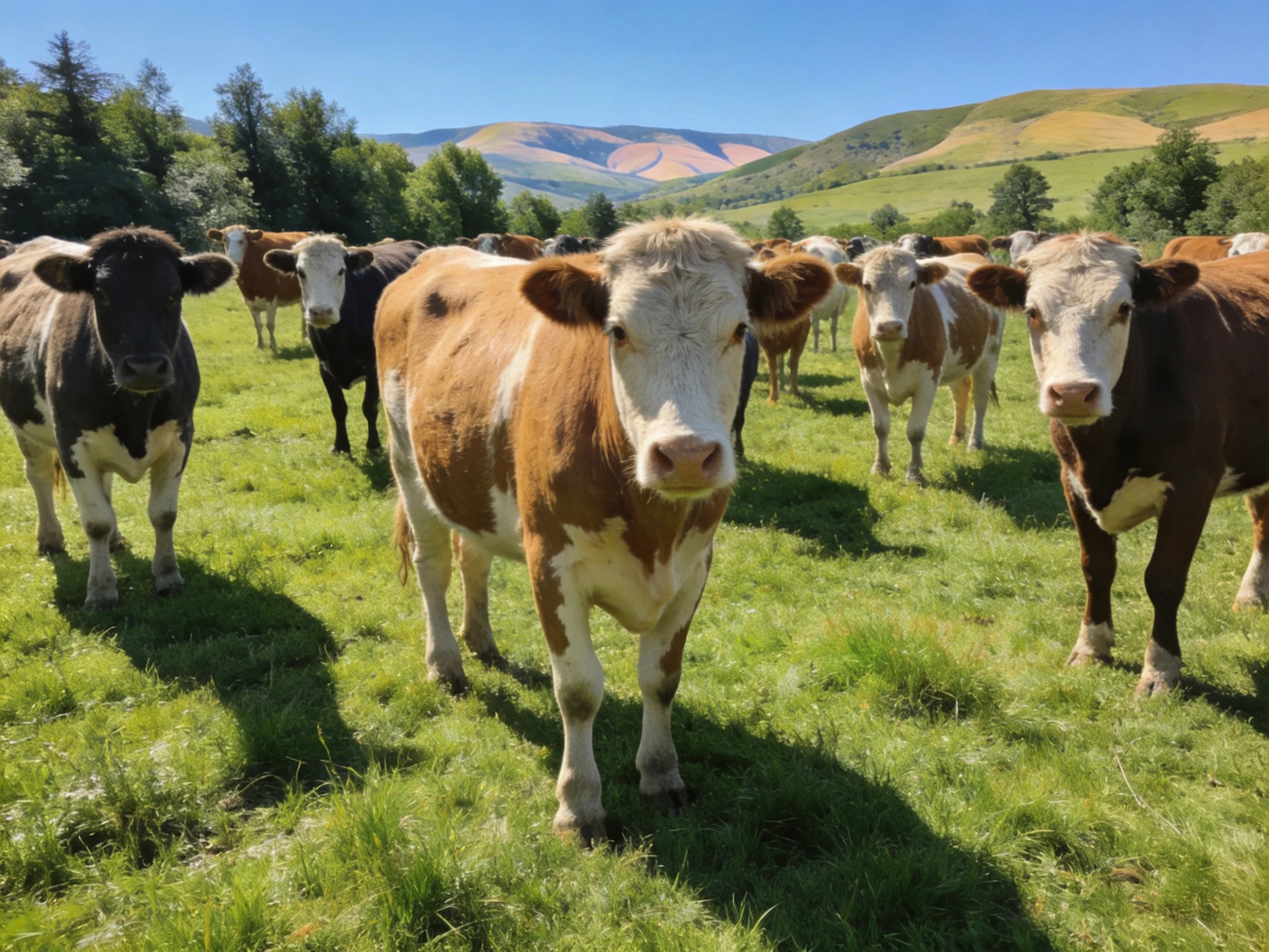 A herd of multicolored cows grazing in a lush green meadow near rolling hills