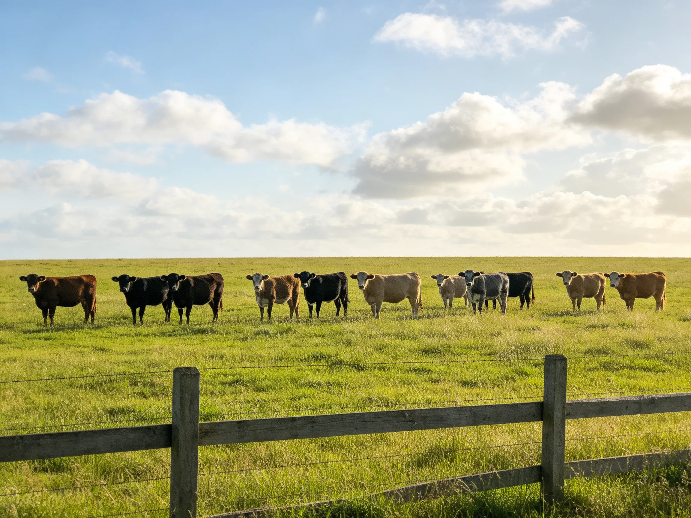 A herd of multicolored cows in a sunlit pasture near a wooden fence