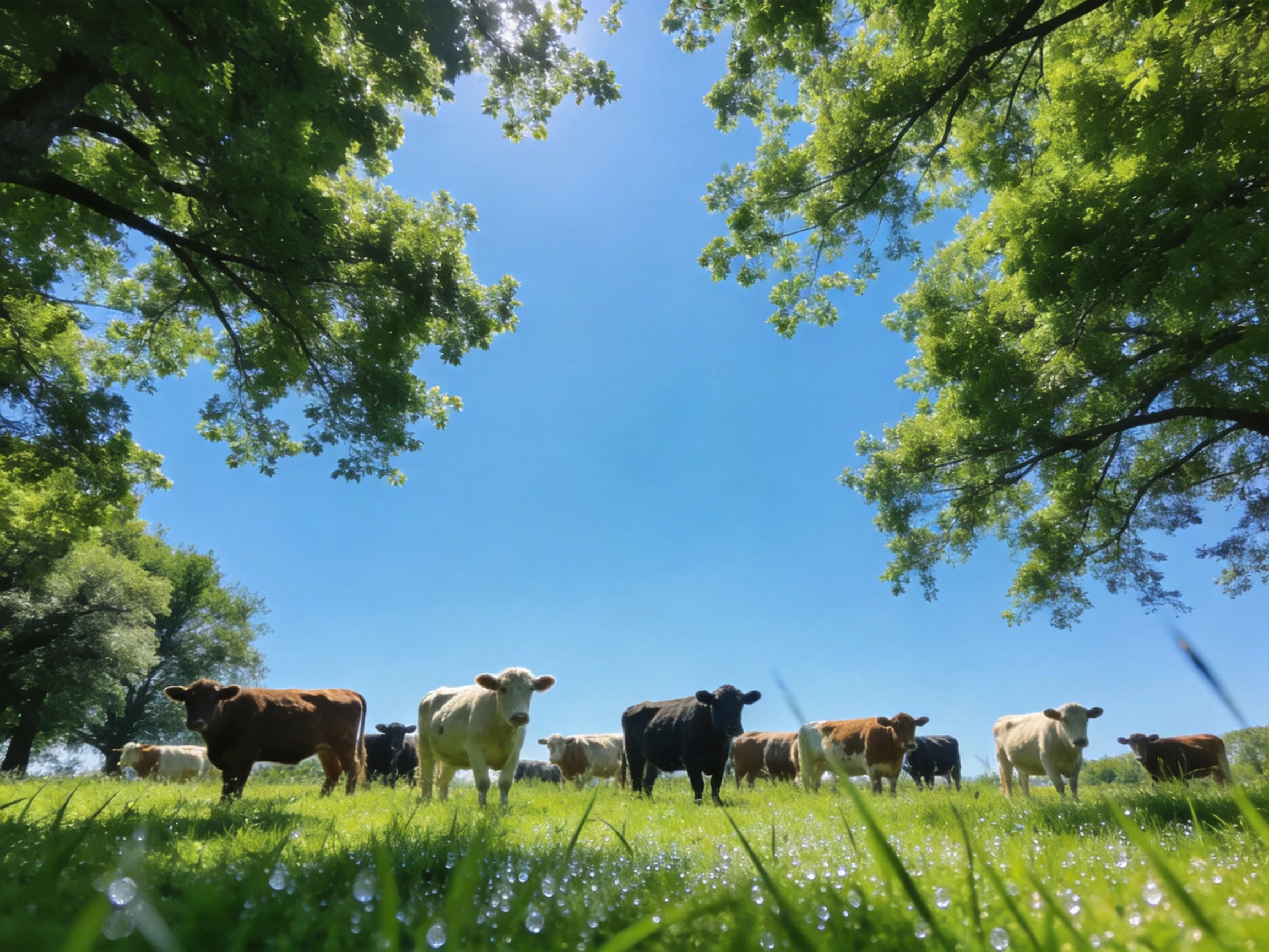 A herd of multicolored cows in a sunny meadow with leafy trees