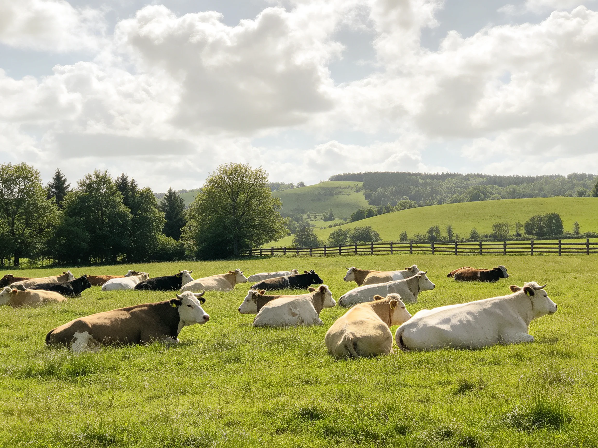 A herd of multicolored cows relaxes in a sunlit green pasture