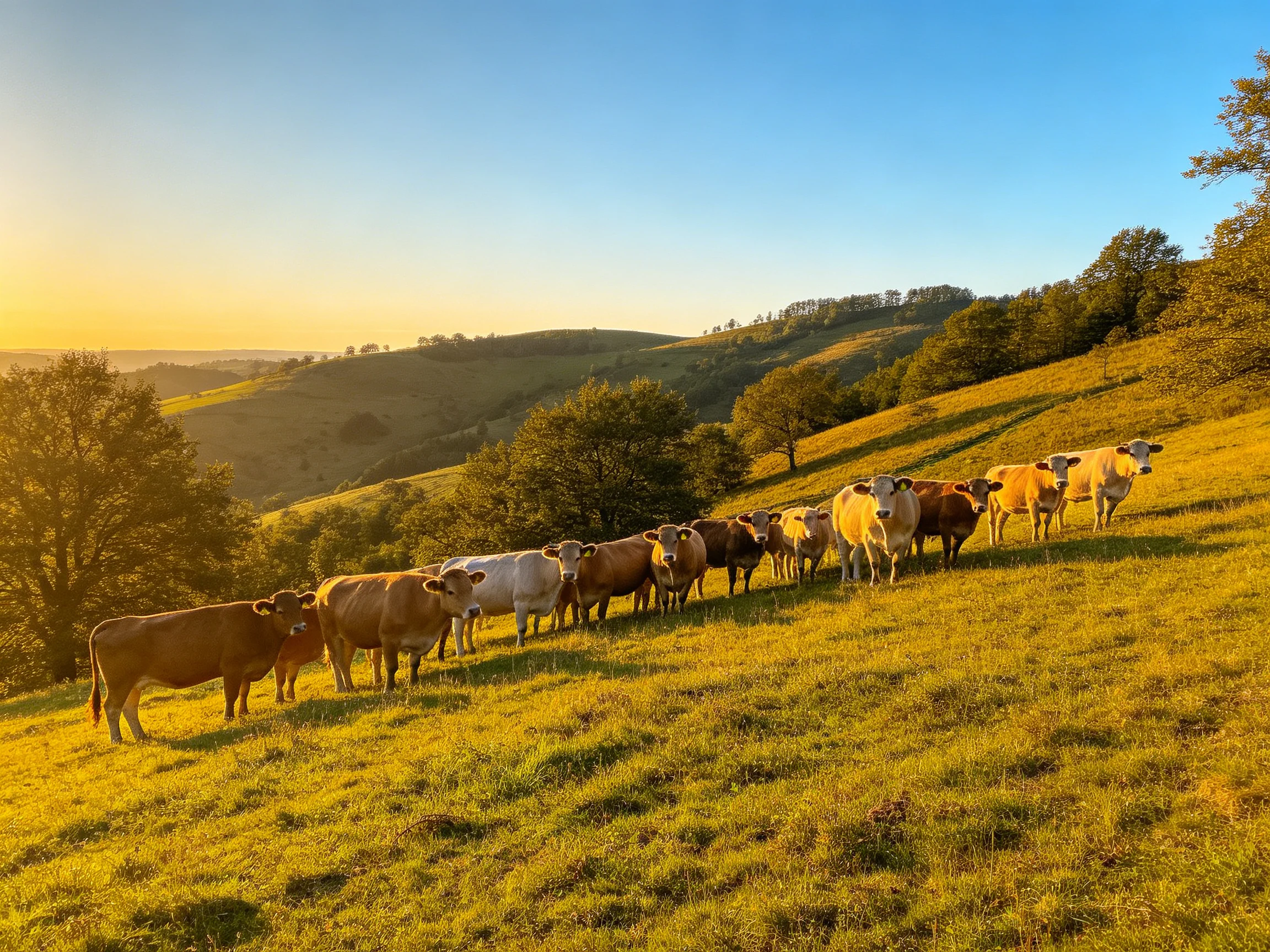 A herd of multicolored cows stands on a golden hillside during sunset