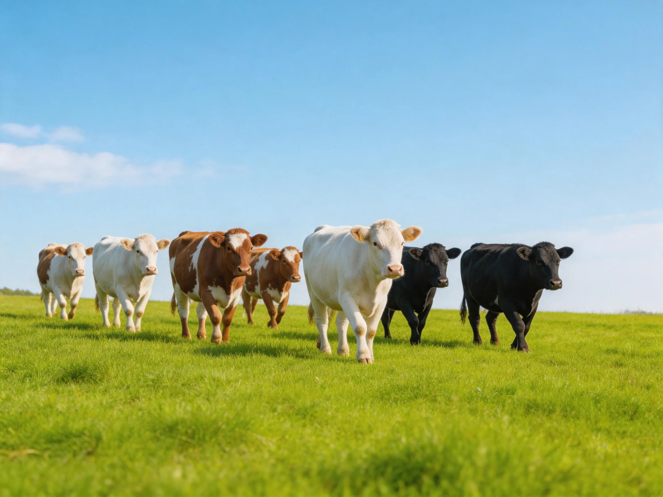 A herd of multicolored cows walks through a sun-drenched green field
