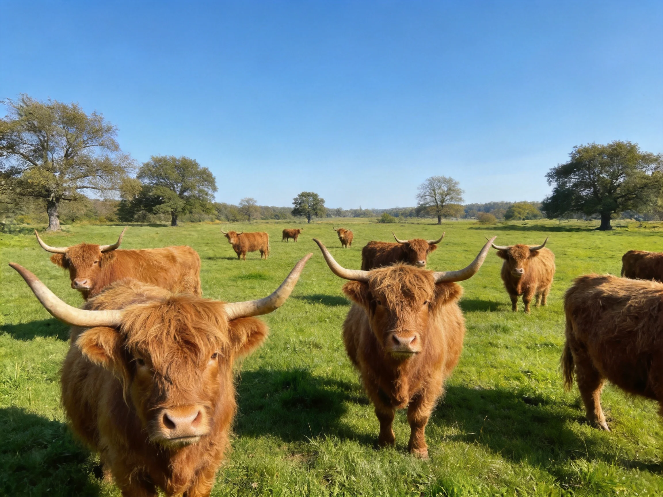 A herd of shaggy brown Highland cattle in a sunlit green meadow