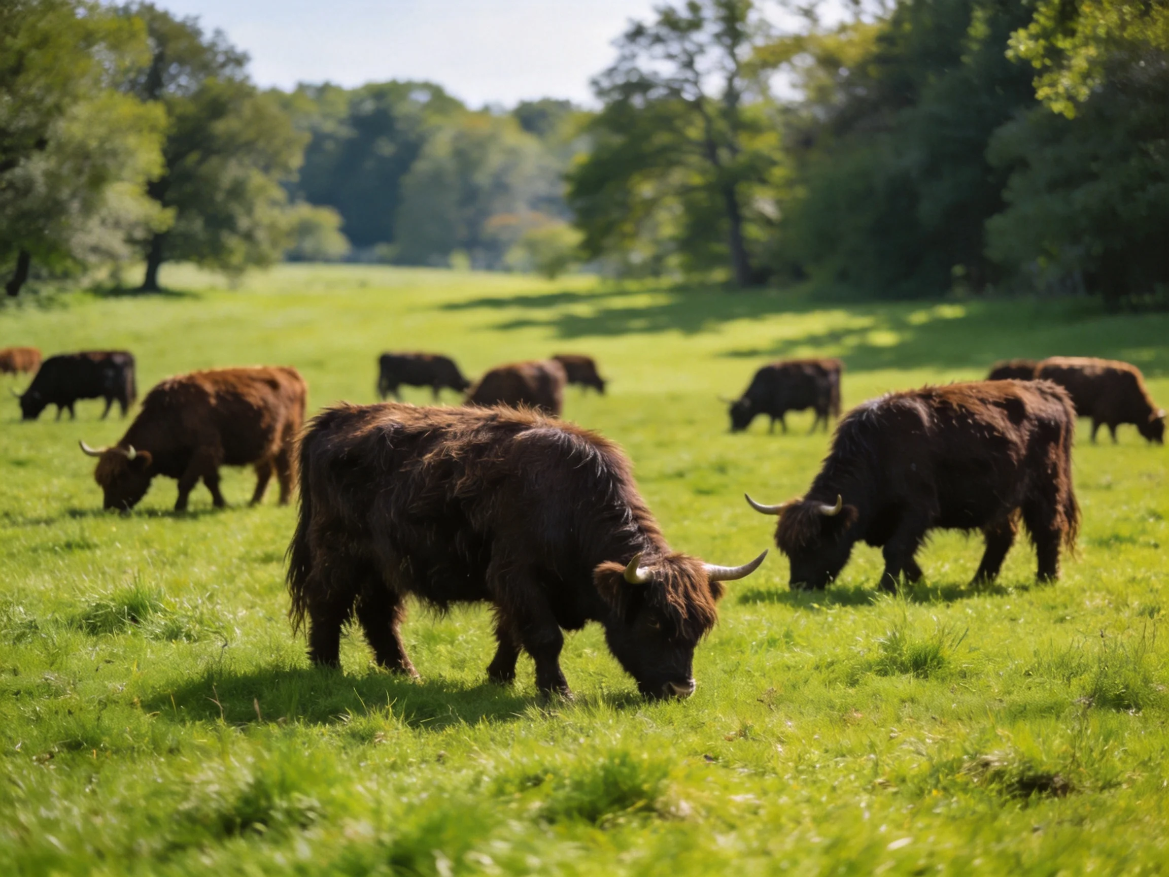 A herd of shaggy brown cattle grazing in a lush green meadow