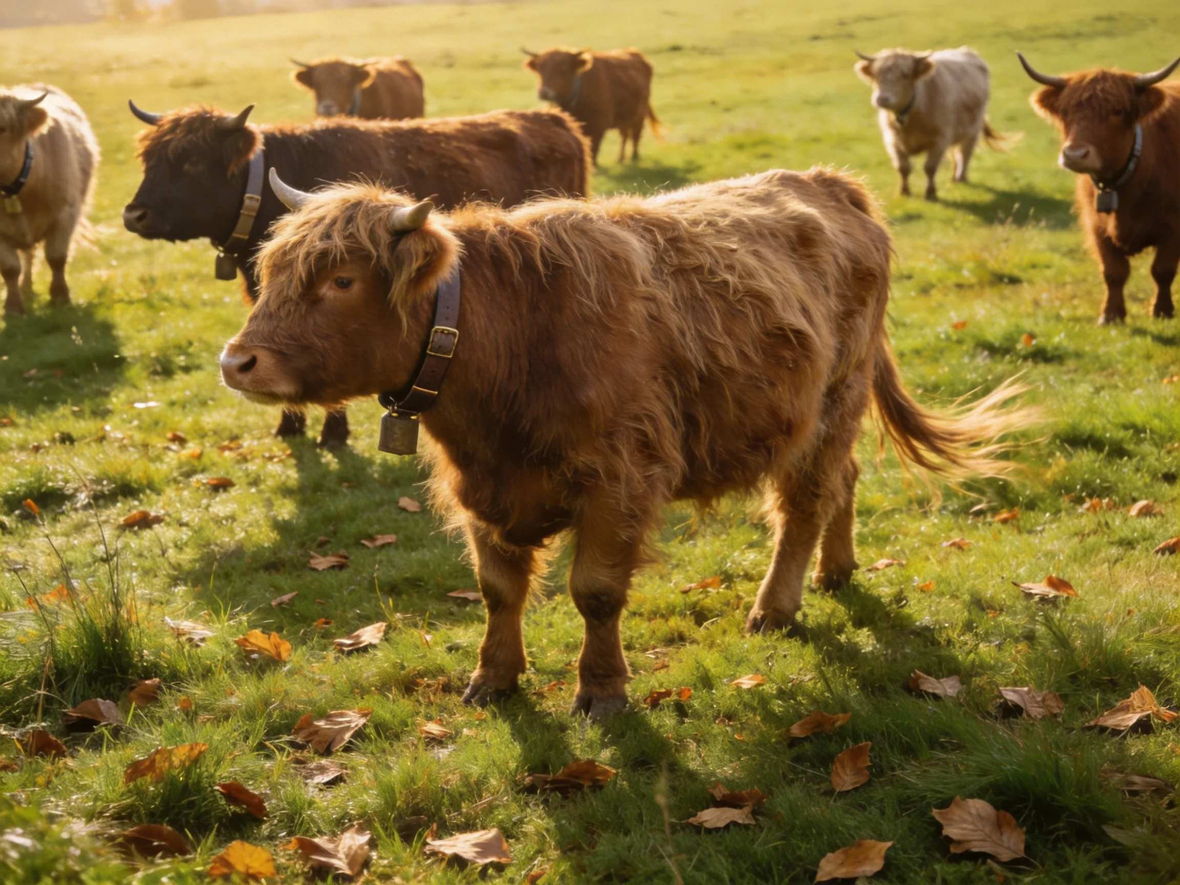 A herd of shaggy brown cattle grazing in a sunlit grassy field