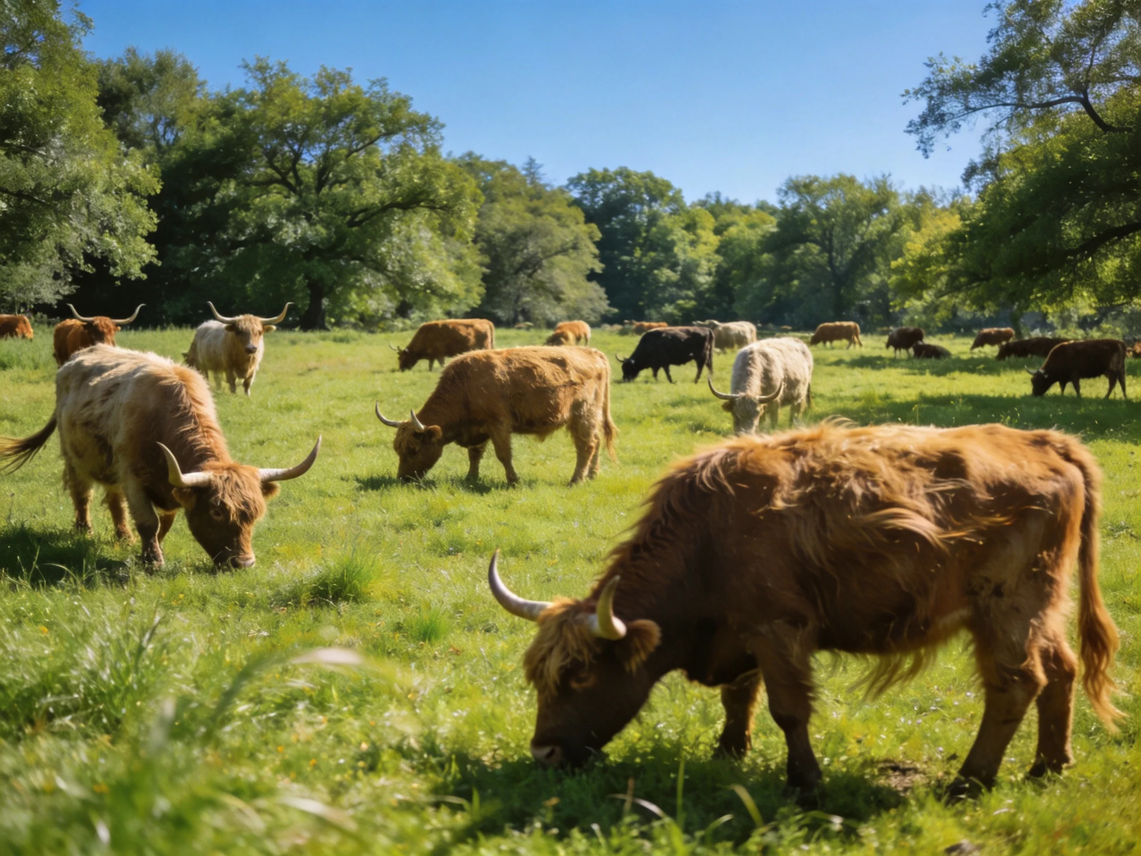 A herd of shaggy-haired cattle grazing in a sunlit green pasture