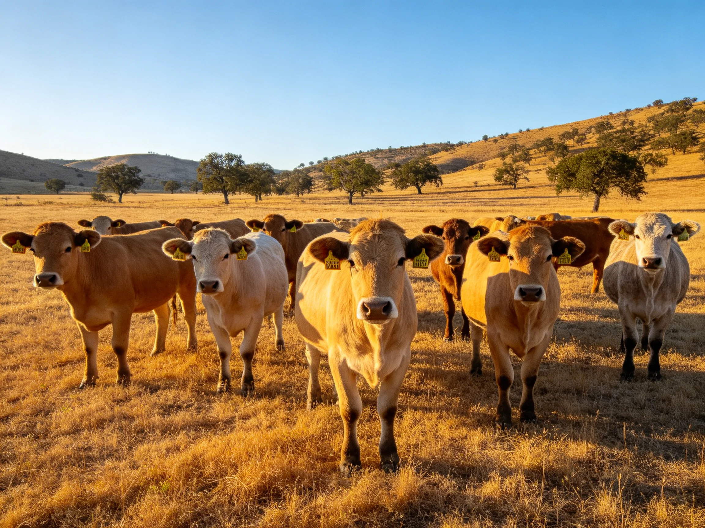 A herd of tan and white cattle in a golden field with rolling hills