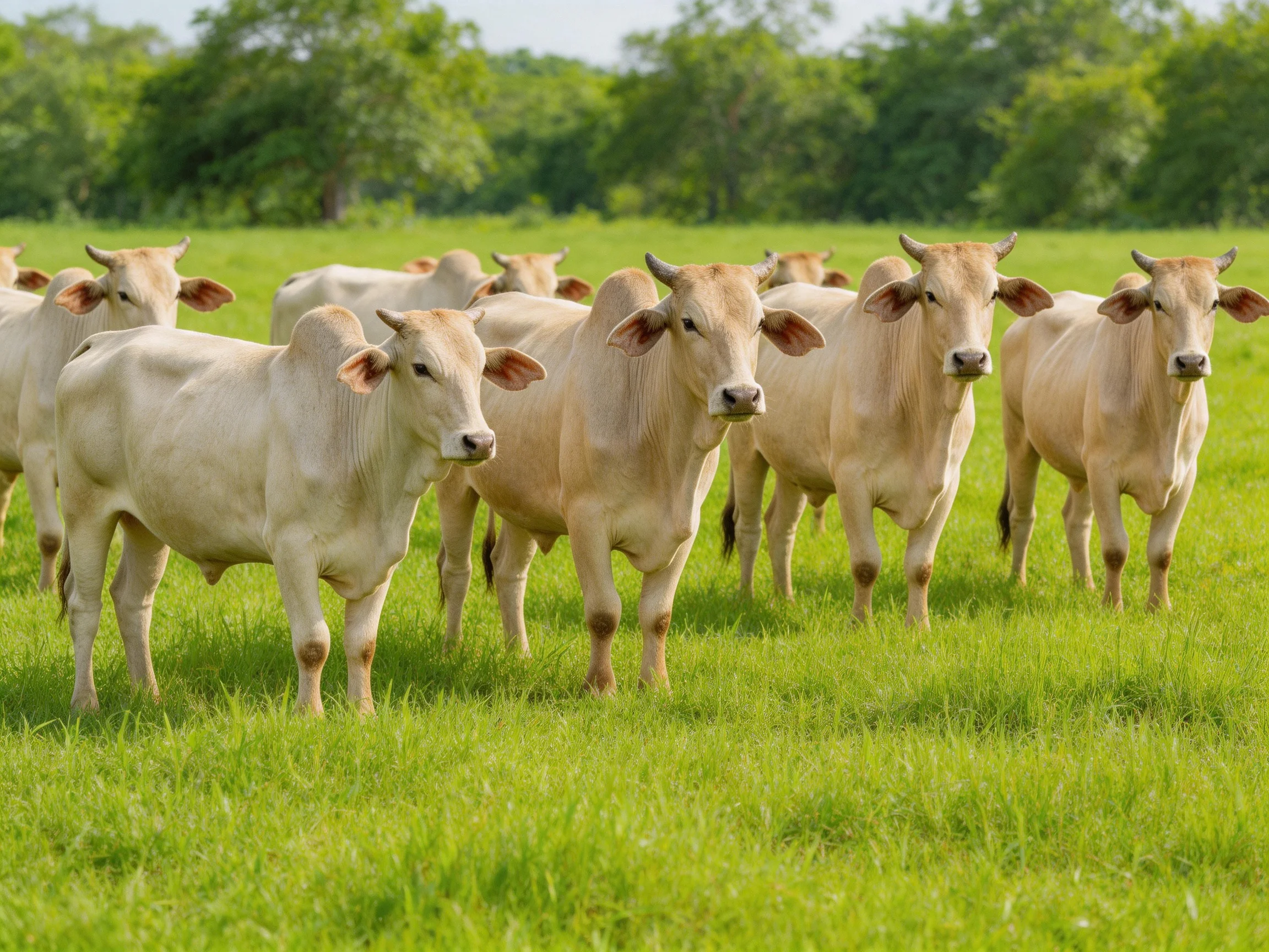 A herd of tan cattle in a lush green pasture