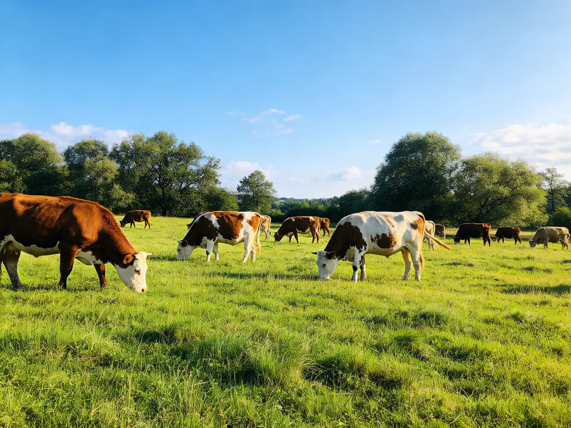A herd of twelve brown and white cows graze in a lush green pasture