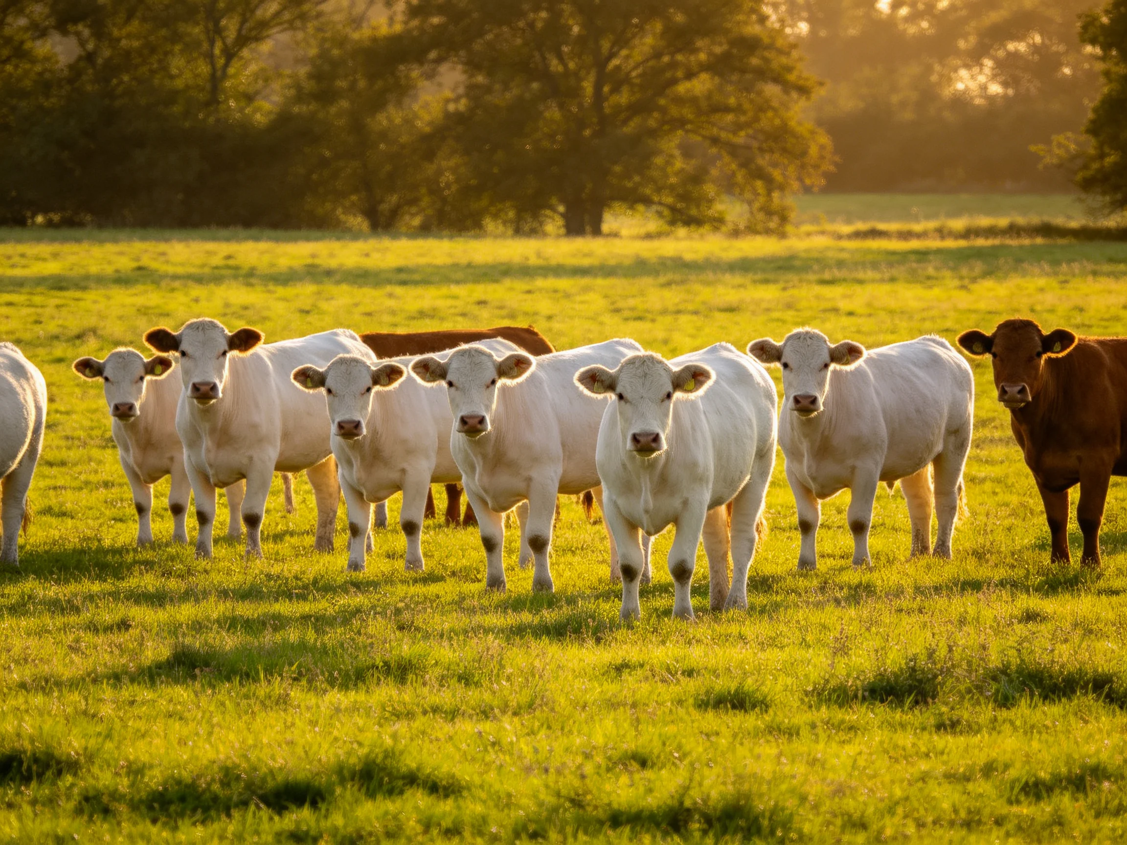 A herd of white and brown cattle in a sunlit meadow
