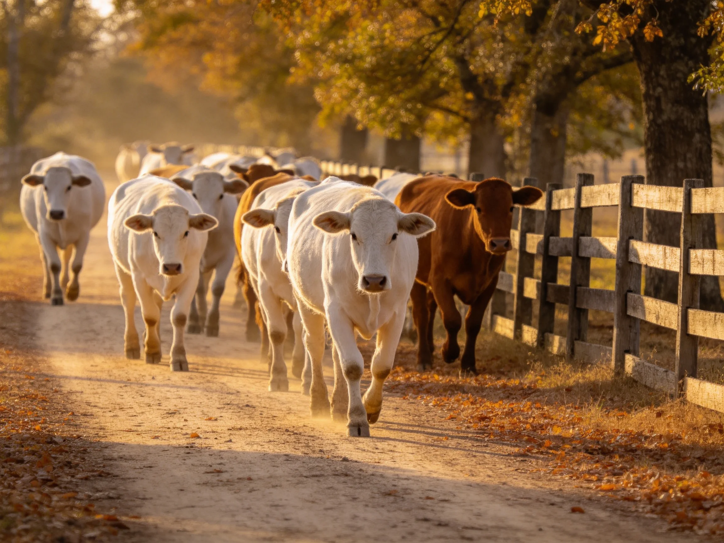 A herd of white and brown cattle marches along a dusty country path