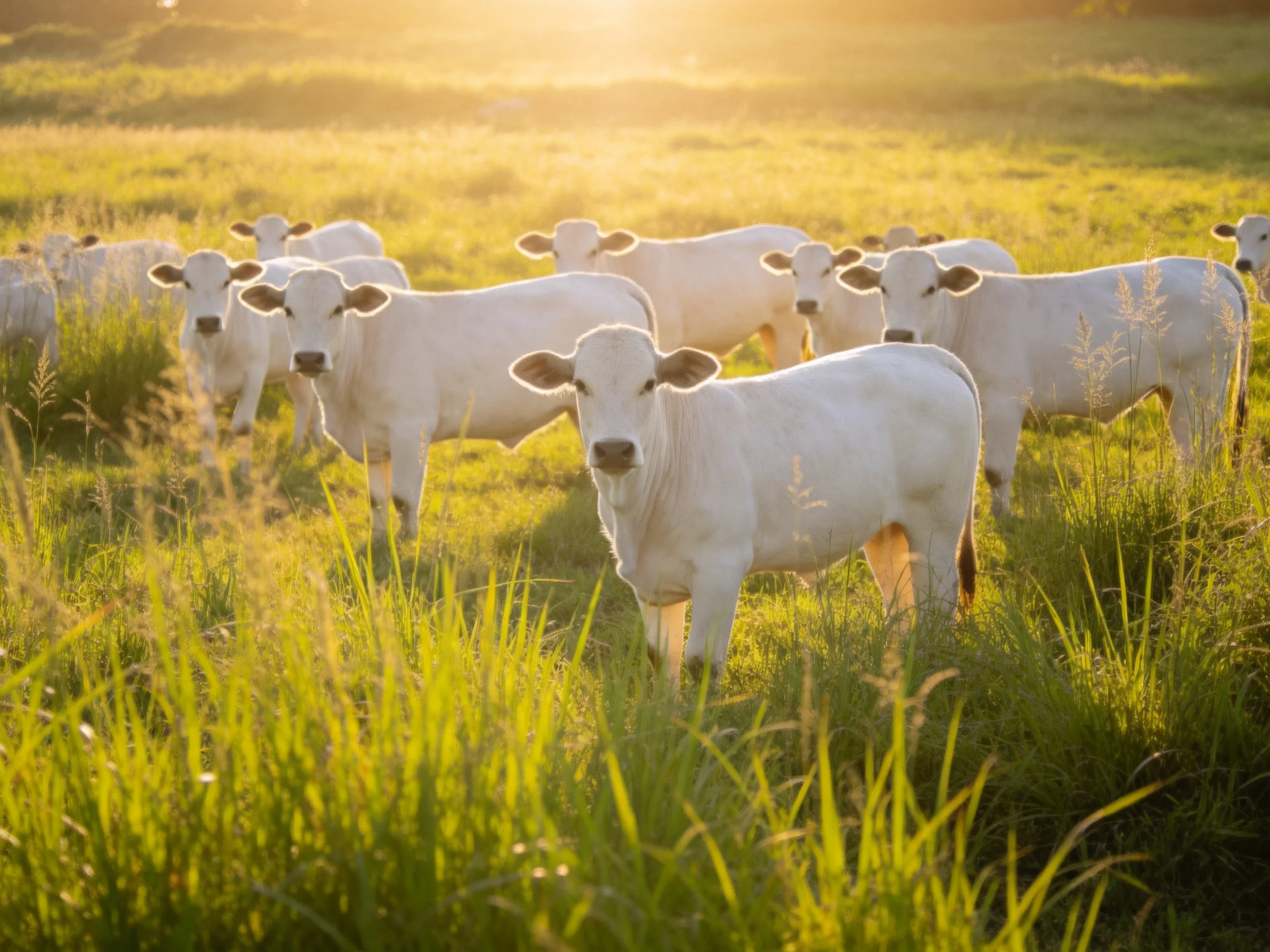 A herd of white calves in a sunlit green pasture