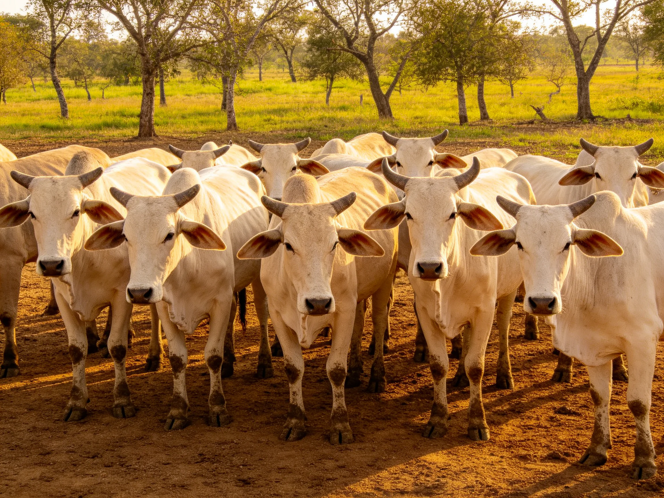 A herd of white cattle gathers on reddish-brown dirt near trees