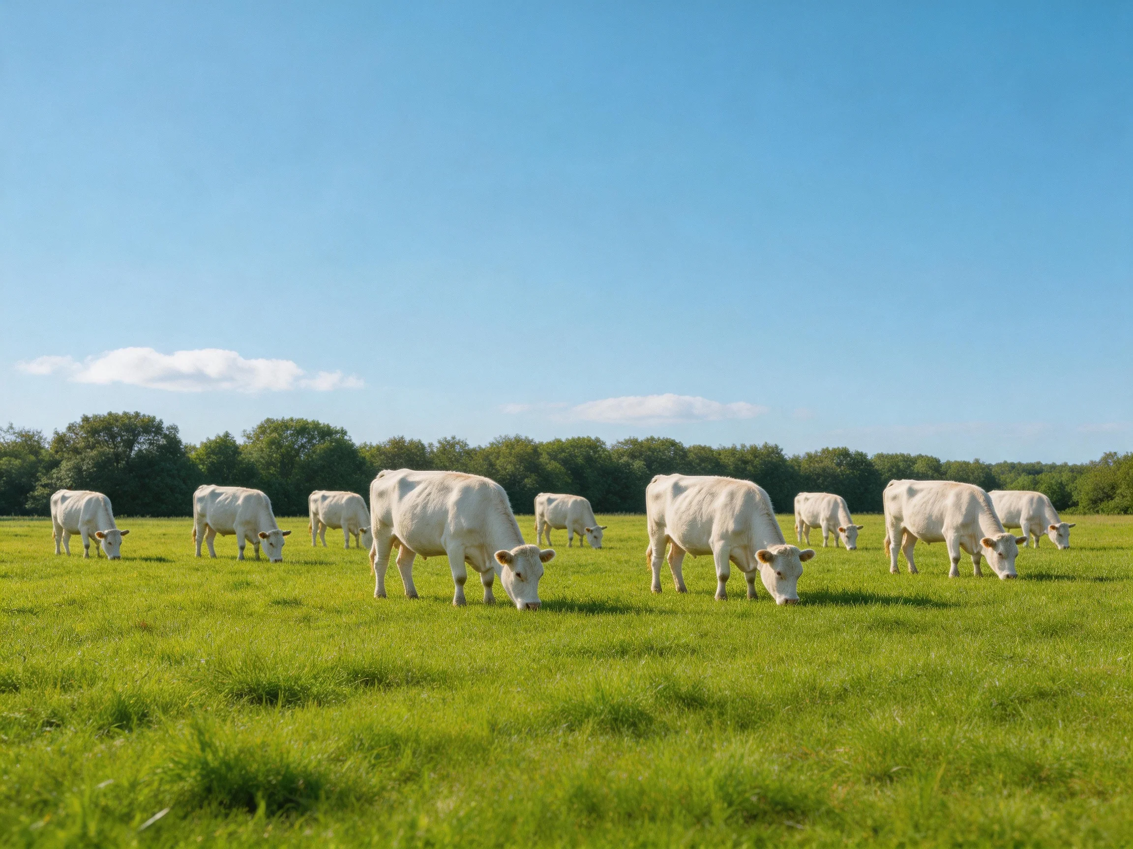 A herd of white cattle grazing in a lush green pasture