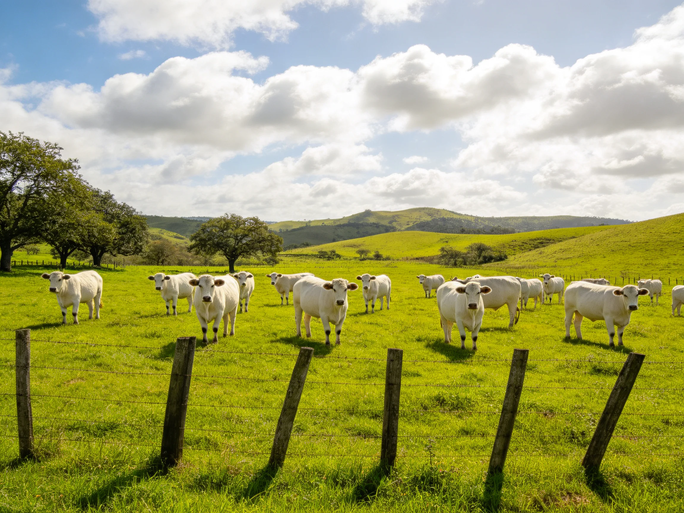 A herd of white cattle grazing in a lush green pasture