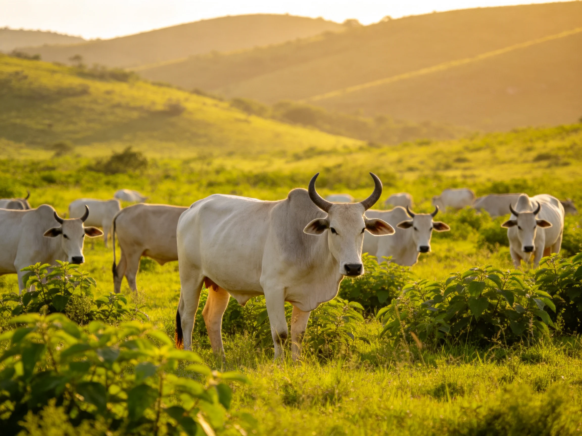 A herd of white cattle grazing in a lush green pasture with rolling hills